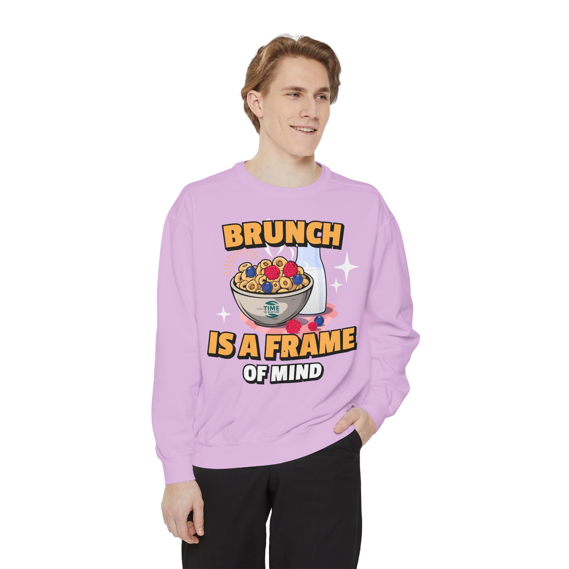Cozy unisex sweatshirt featuring Brunch is a Frame of Mind Vibes, blending comfort and style for brunch lovers, perfect for weekend outfits, foodie gifts, and making a fashionable, mindful brunch-themed statement.