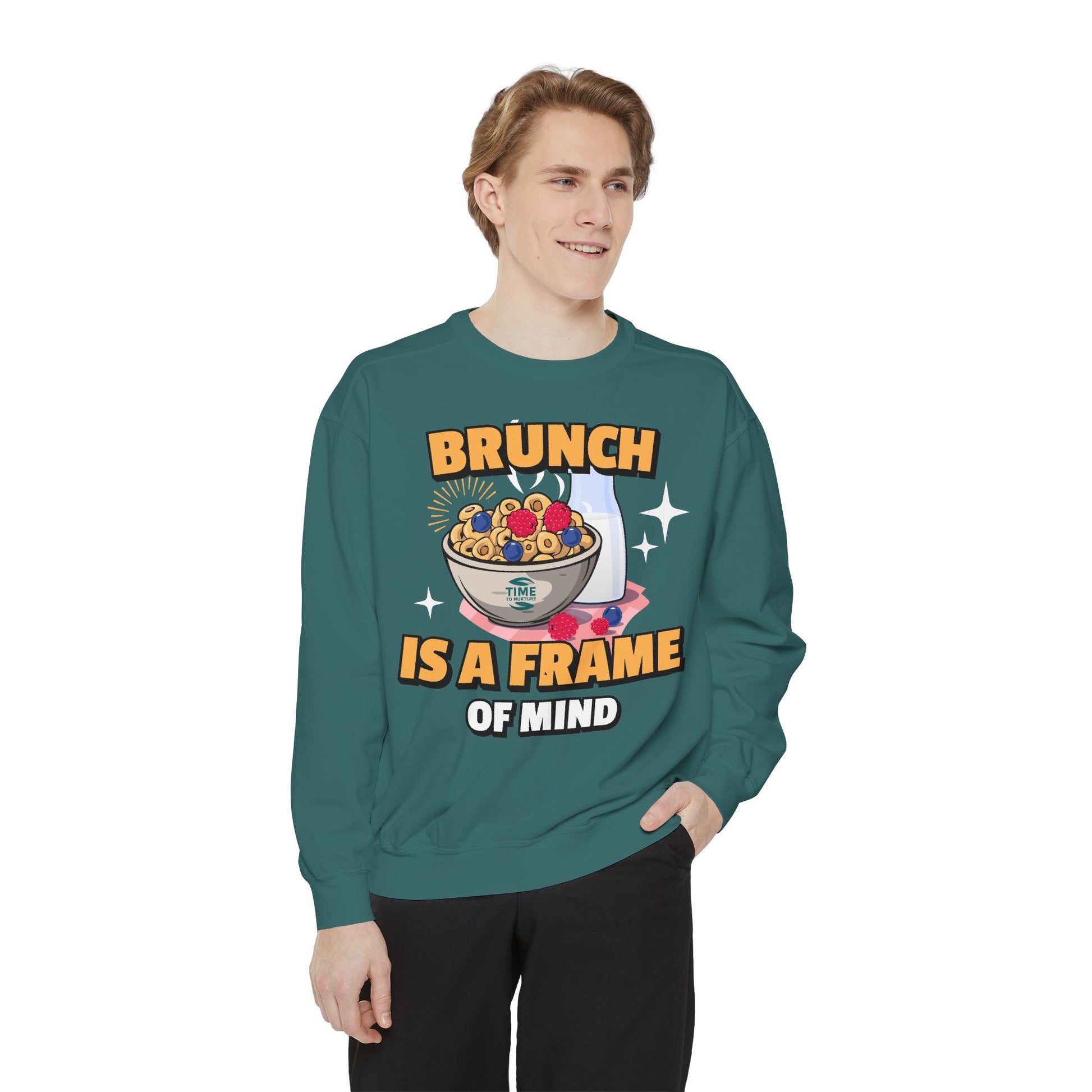 Cozy unisex sweatshirt featuring Brunch is a Frame of Mind Vibes, blending comfort and style for brunch lovers, perfect for weekend outfits, foodie gifts, and making a fashionable, mindful brunch-themed statement.