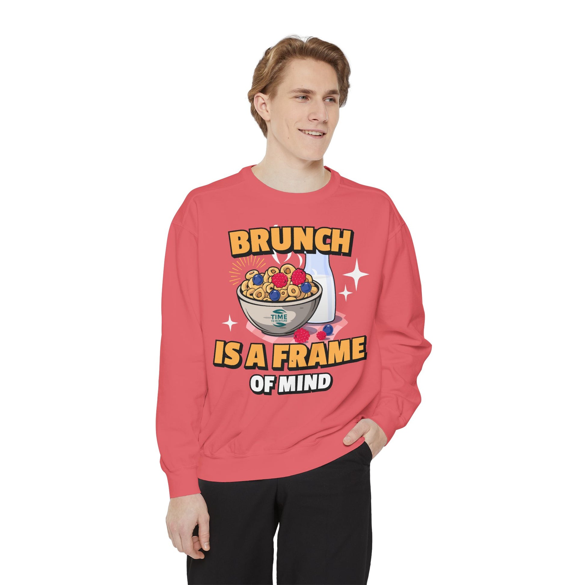 Cozy unisex sweatshirt featuring Brunch is a Frame of Mind Vibes, blending comfort and style for brunch lovers, perfect for weekend outfits, foodie gifts, and making a fashionable, mindful brunch-themed statement.