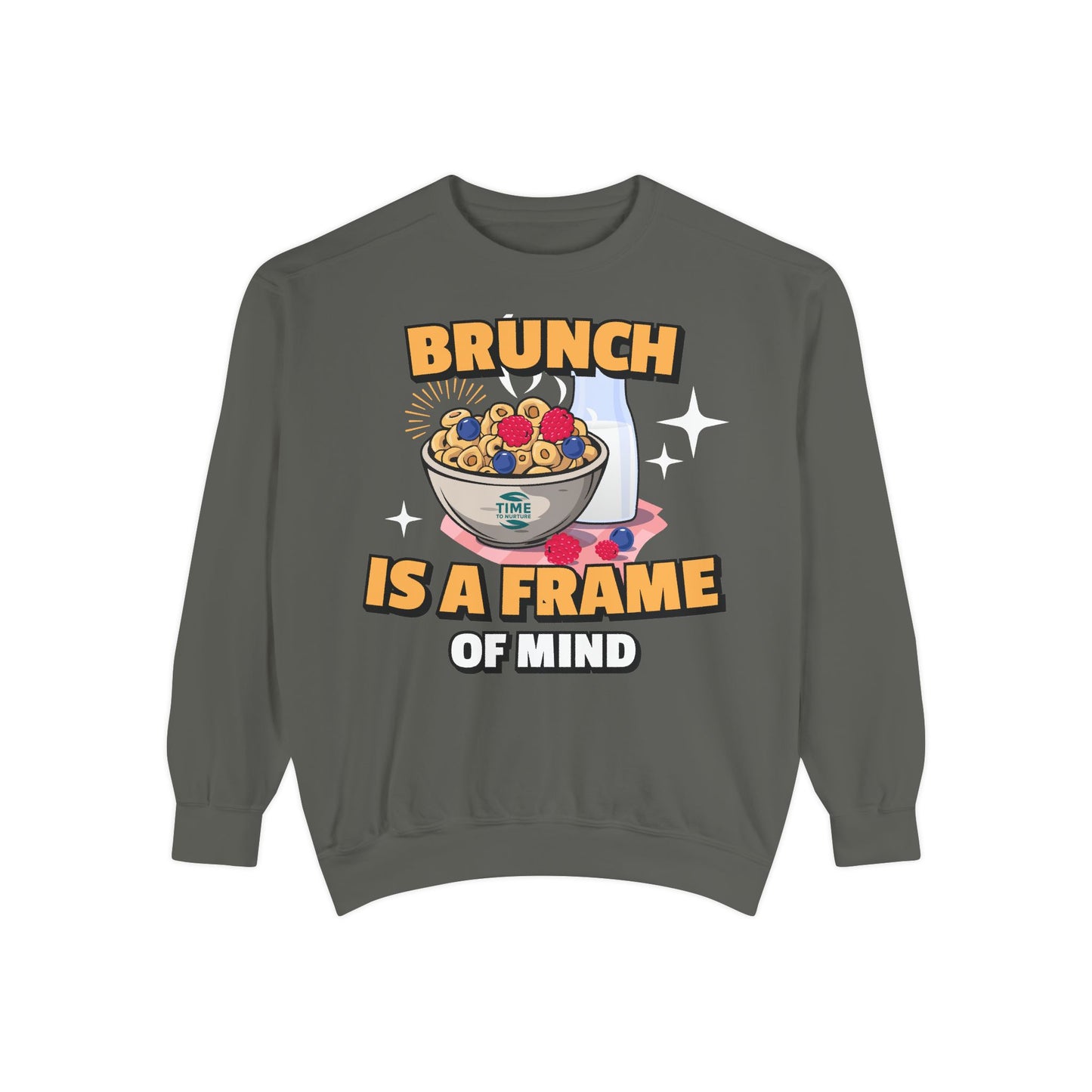 Cozy unisex sweatshirt featuring Brunch is a Frame of Mind Vibes, blending comfort and style for brunch lovers, perfect for weekend outfits, foodie gifts, and making a fashionable, mindful brunch-themed statement.