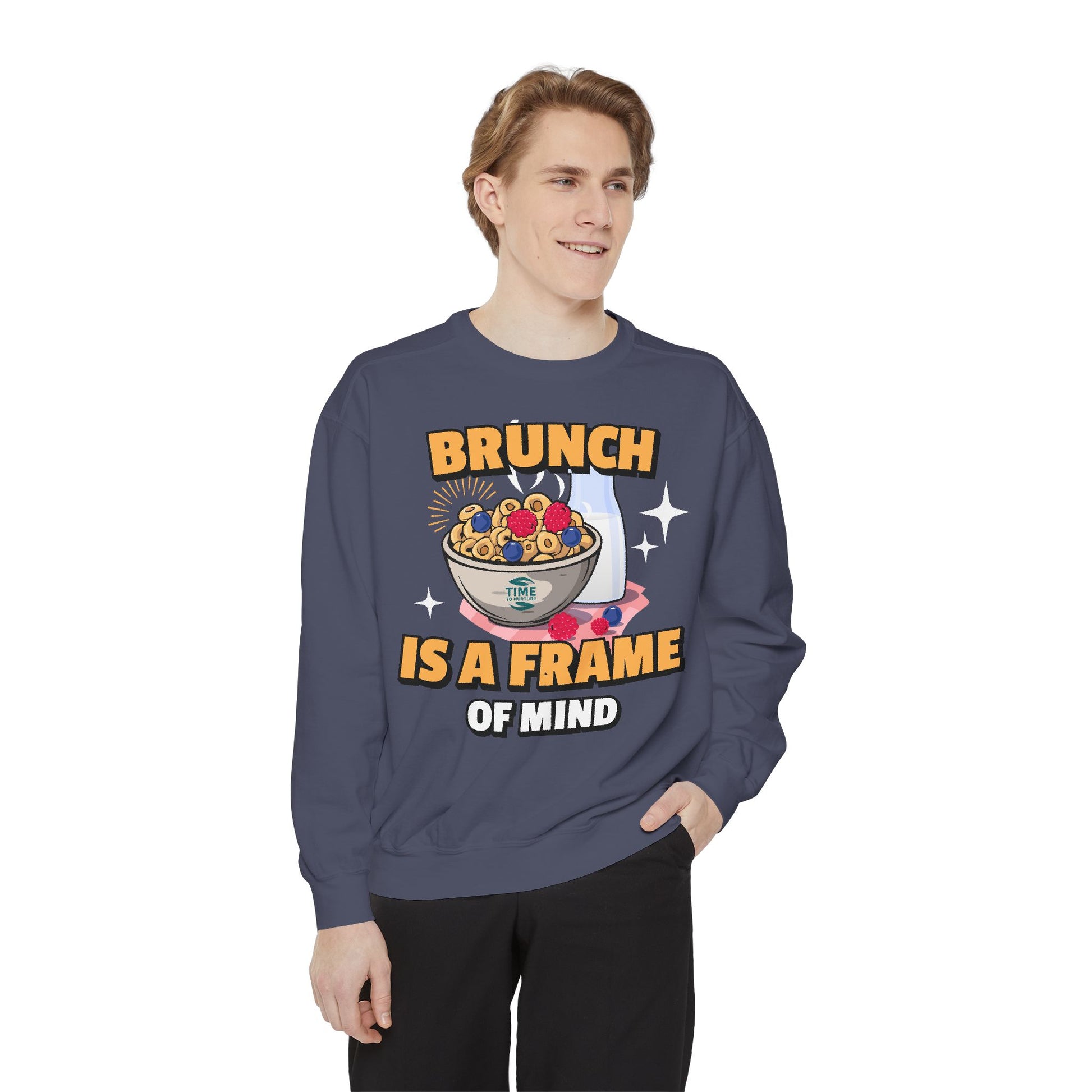Cozy unisex sweatshirt featuring Brunch is a Frame of Mind Vibes, blending comfort and style for brunch lovers, perfect for weekend outfits, foodie gifts, and making a fashionable, mindful brunch-themed statement.