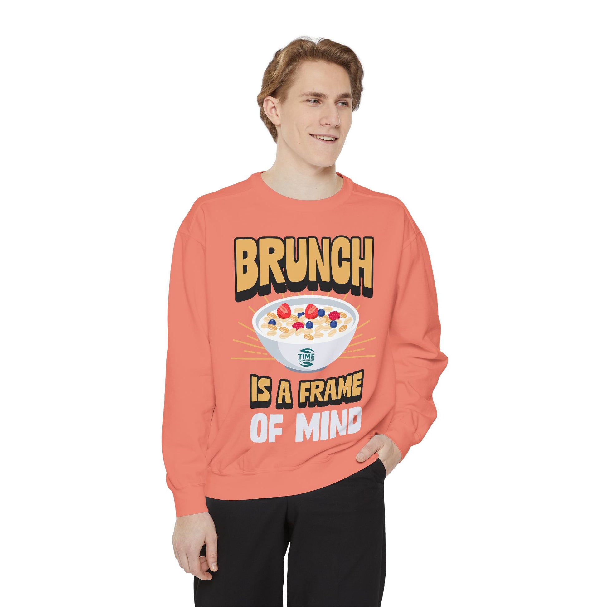 Cozy unisex sweatshirt featuring Brunch is a Frame of Mind Vibes, designed for brunch lovers and leisure enthusiasts, offering stylish and comfortable brunch-themed apparel, perfect for weekend outfits or as a thoughtful foodie gift.