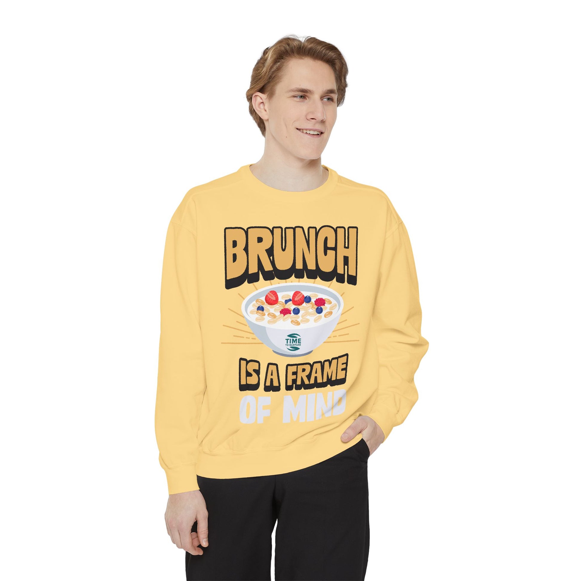 Cozy unisex sweatshirt featuring Brunch is a Frame of Mind Vibes, designed for brunch lovers and leisure enthusiasts, offering stylish and comfortable brunch-themed apparel, perfect for weekend outfits or as a thoughtful foodie gift.