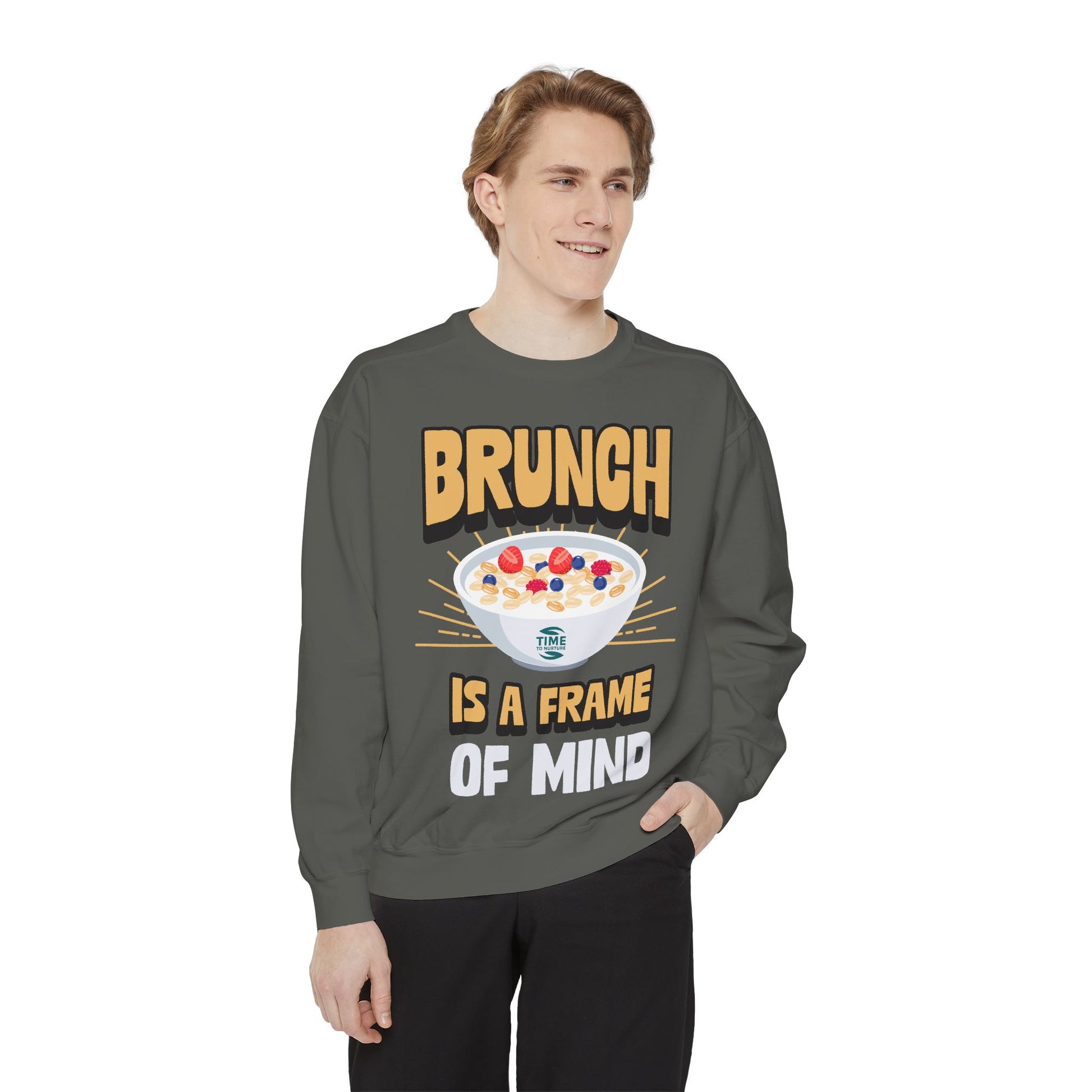Cozy unisex sweatshirt featuring Brunch is a Frame of Mind Vibes, designed for brunch lovers and leisure enthusiasts, offering stylish and comfortable brunch-themed apparel, perfect for weekend outfits or as a thoughtful foodie gift.