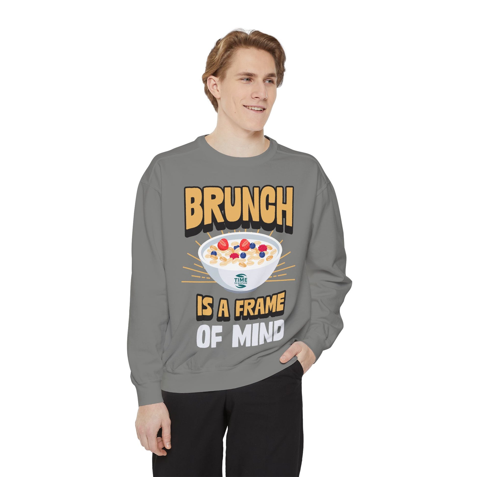 Cozy unisex sweatshirt featuring Brunch is a Frame of Mind Vibes, designed for brunch lovers and leisure enthusiasts, offering stylish and comfortable brunch-themed apparel, perfect for weekend outfits or as a thoughtful foodie gift.