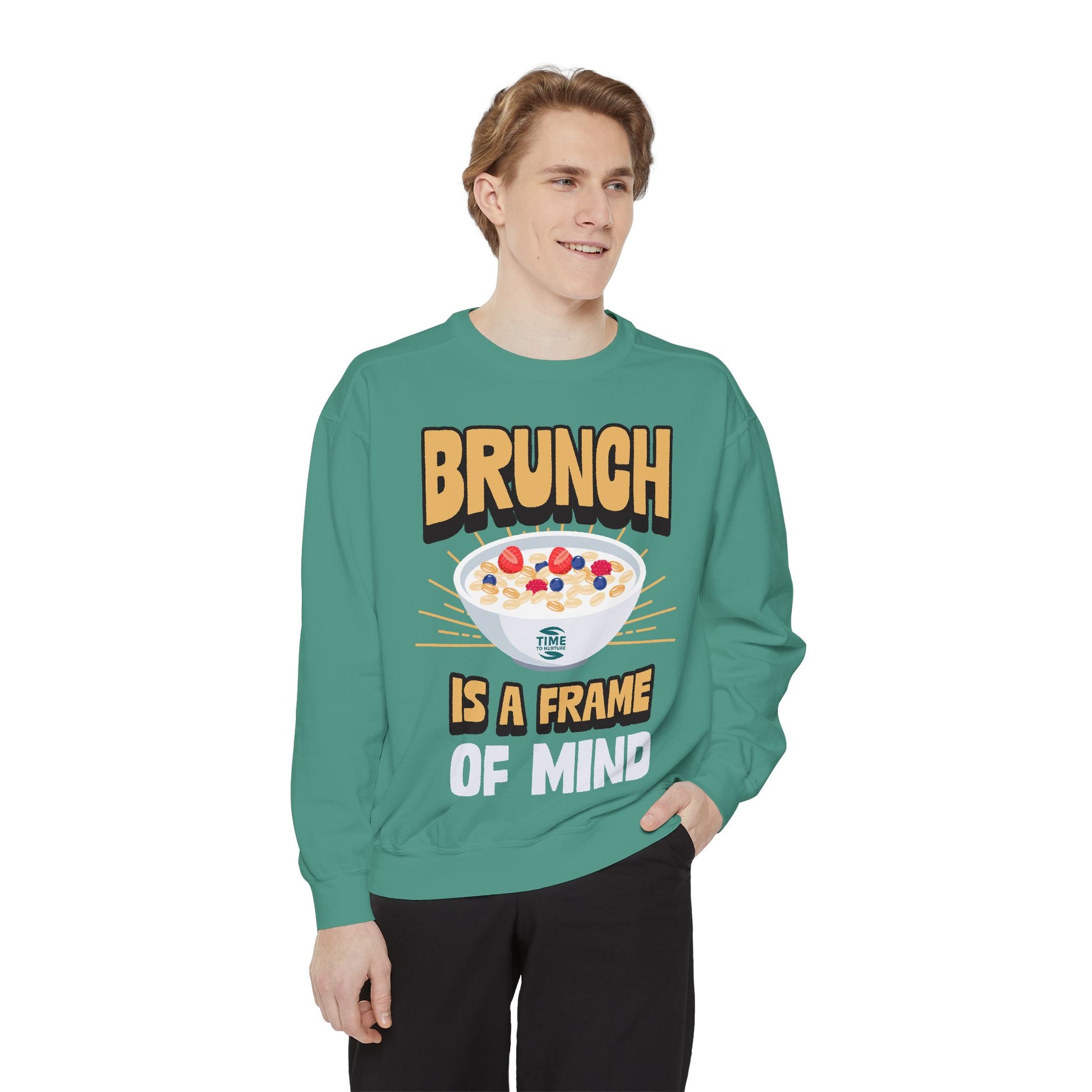 Cozy unisex sweatshirt featuring Brunch is a Frame of Mind Vibes, designed for brunch lovers and leisure enthusiasts, offering stylish and comfortable brunch-themed apparel, perfect for weekend outfits or as a thoughtful foodie gift.