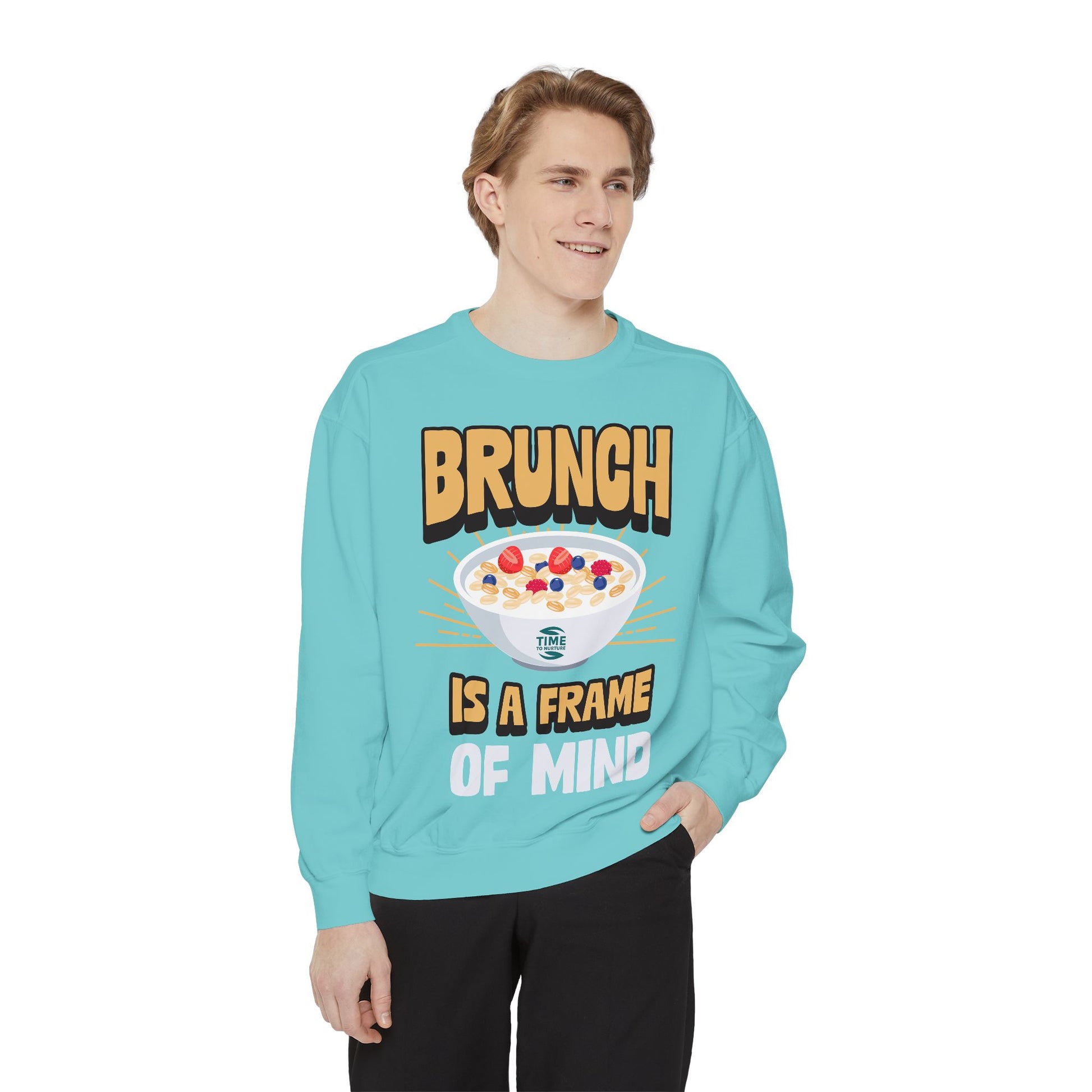 Cozy unisex sweatshirt featuring Brunch is a Frame of Mind Vibes, designed for brunch lovers and leisure enthusiasts, offering stylish and comfortable brunch-themed apparel, perfect for weekend outfits or as a thoughtful foodie gift.