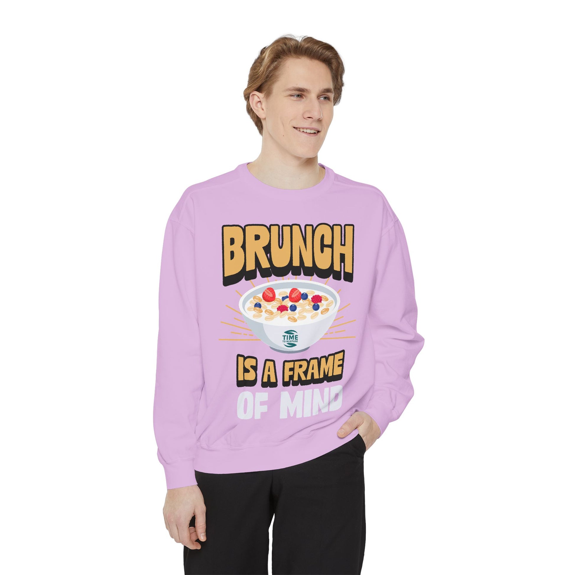 Cozy unisex sweatshirt featuring Brunch is a Frame of Mind Vibes, designed for brunch lovers and leisure enthusiasts, offering stylish and comfortable brunch-themed apparel, perfect for weekend outfits or as a thoughtful foodie gift.