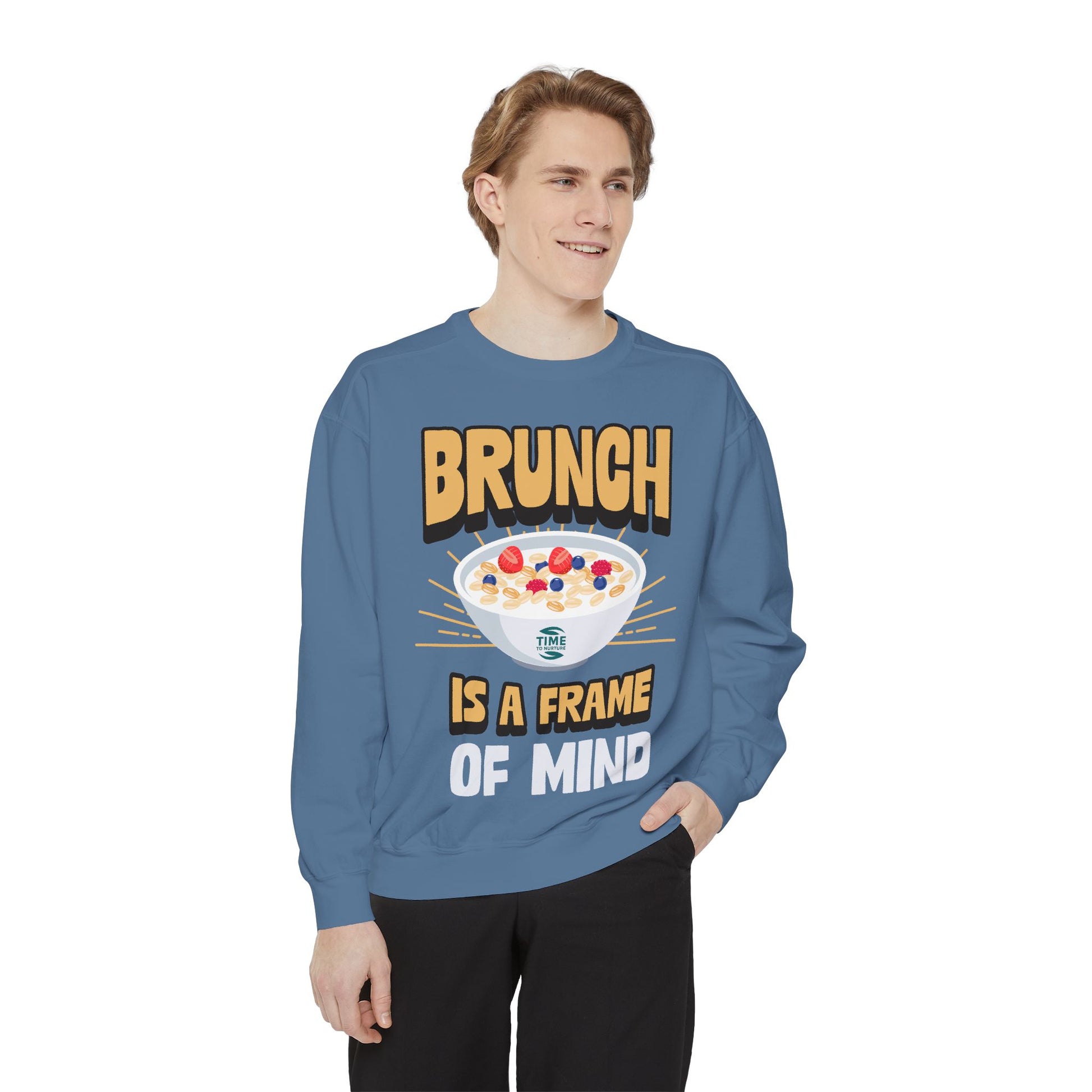 Cozy unisex sweatshirt featuring Brunch is a Frame of Mind Vibes, designed for brunch lovers and leisure enthusiasts, offering stylish and comfortable brunch-themed apparel, perfect for weekend outfits or as a thoughtful foodie gift.