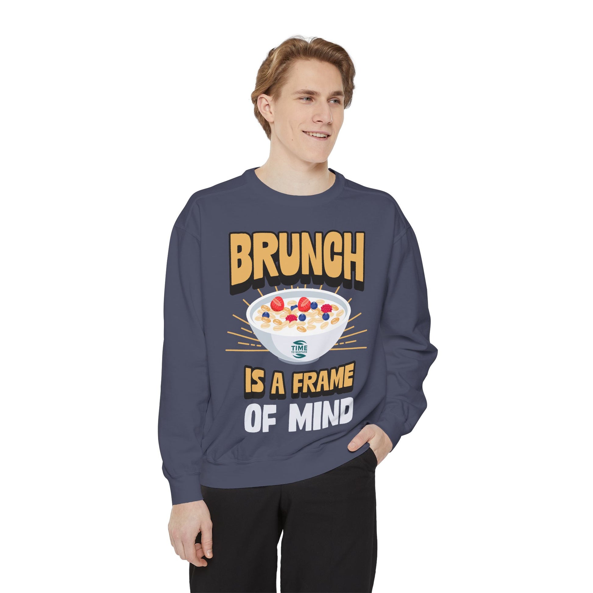 Cozy unisex sweatshirt featuring Brunch is a Frame of Mind Vibes, designed for brunch lovers and leisure enthusiasts, offering stylish and comfortable brunch-themed apparel, perfect for weekend outfits or as a thoughtful foodie gift.