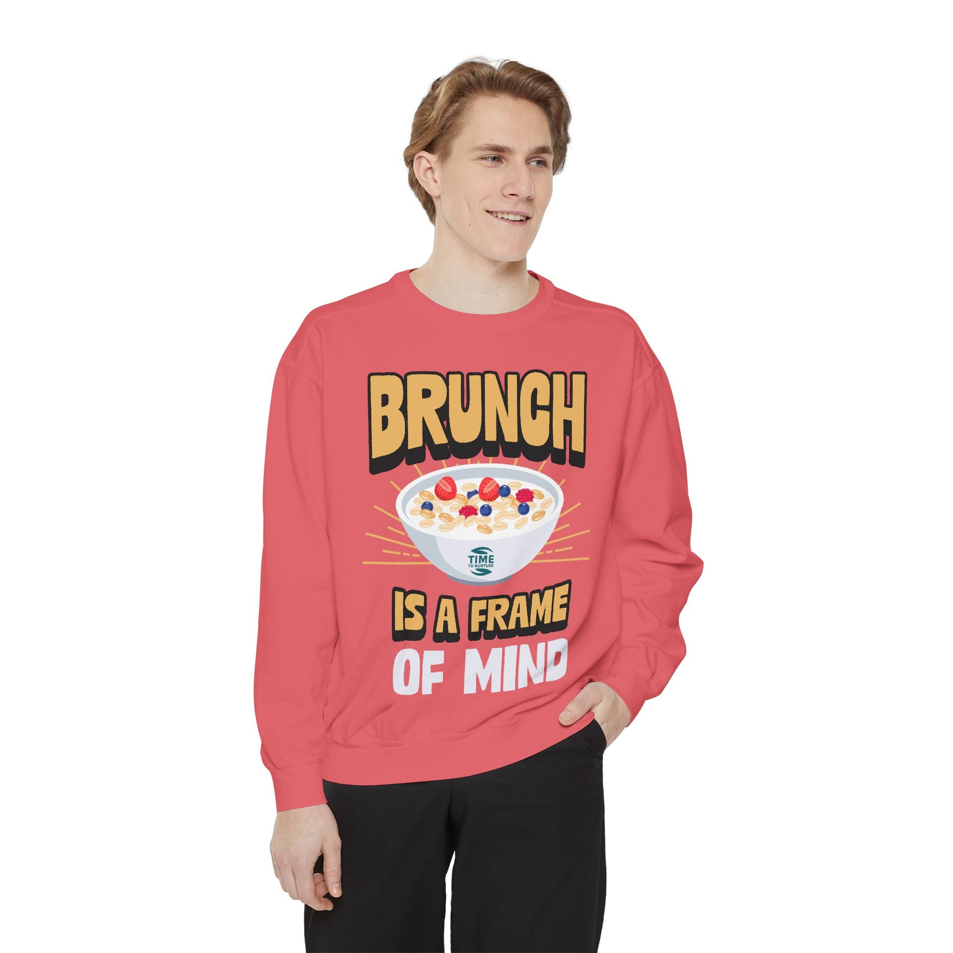 Cozy unisex sweatshirt featuring Brunch is a Frame of Mind Vibes, designed for brunch lovers and leisure enthusiasts, offering stylish and comfortable brunch-themed apparel, perfect for weekend outfits or as a thoughtful foodie gift.