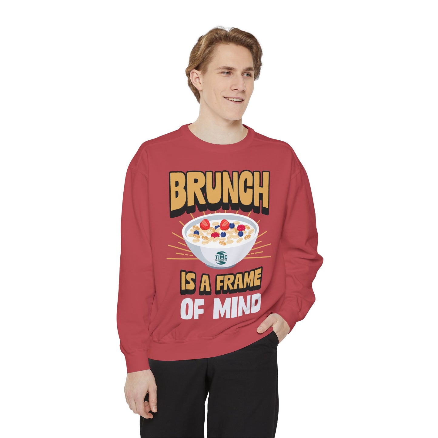 Cozy unisex sweatshirt featuring Brunch is a Frame of Mind Vibes, designed for brunch lovers and leisure enthusiasts, offering stylish and comfortable brunch-themed apparel, perfect for weekend outfits or as a thoughtful foodie gift.