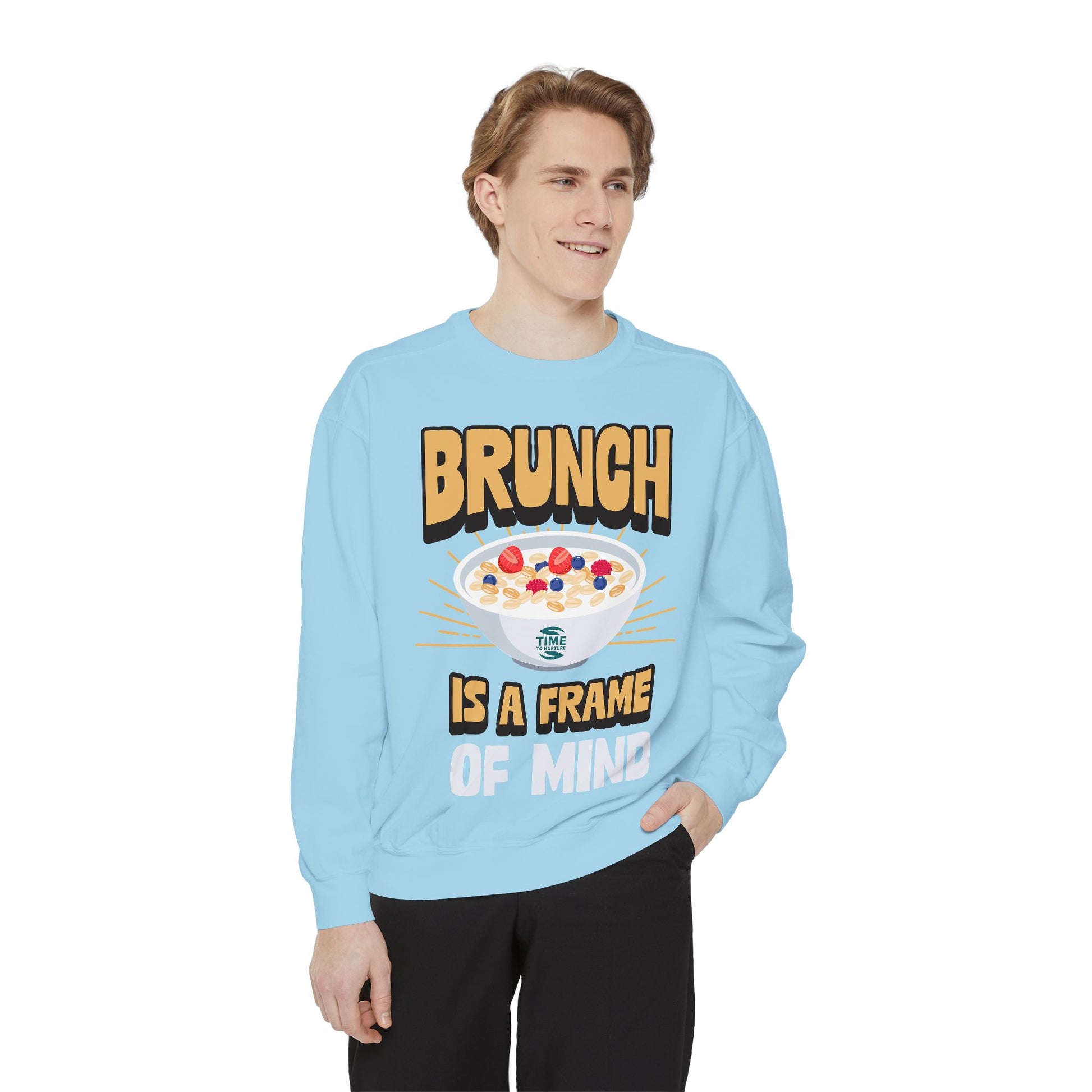 Cozy unisex sweatshirt featuring Brunch is a Frame of Mind Vibes, designed for brunch lovers and leisure enthusiasts, offering stylish and comfortable brunch-themed apparel, perfect for weekend outfits or as a thoughtful foodie gift.