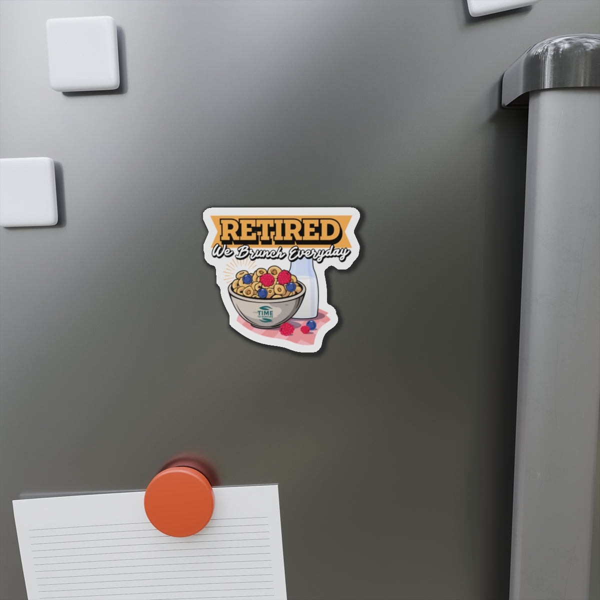 Die-cut magnet featuring a playful retirement theme with brunch-inspired design elements. Ideal for adding a quirky accent to kitchens or home offices, it makes a fun gift for retirees and brunch enthusiasts.