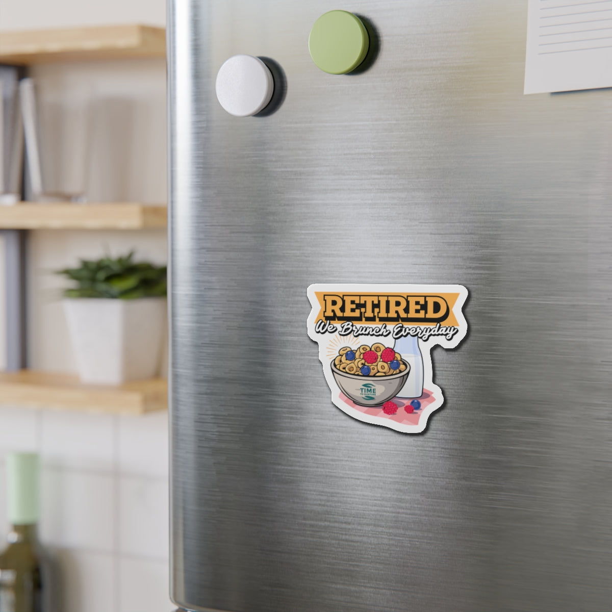 Die-cut magnet featuring a playful retirement theme with brunch-inspired design elements. Ideal for adding a quirky accent to kitchens or home offices, it makes a fun gift for retirees and brunch enthusiasts.