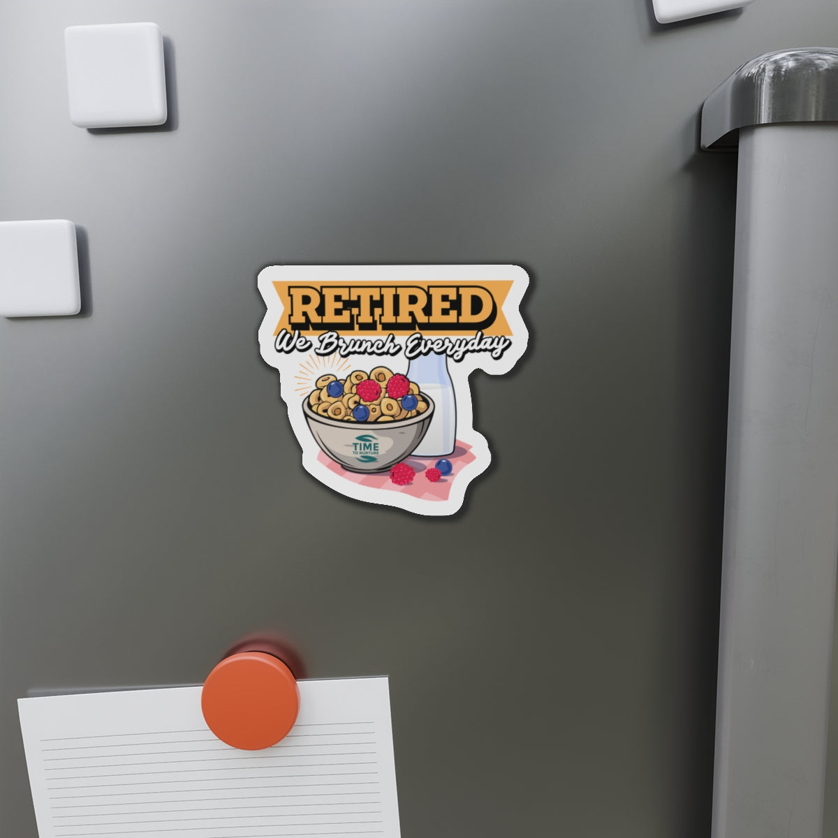Die-cut magnet featuring a playful retirement theme with brunch-inspired design elements. Ideal for adding a quirky accent to kitchens or home offices, it makes a fun gift for retirees and brunch enthusiasts.