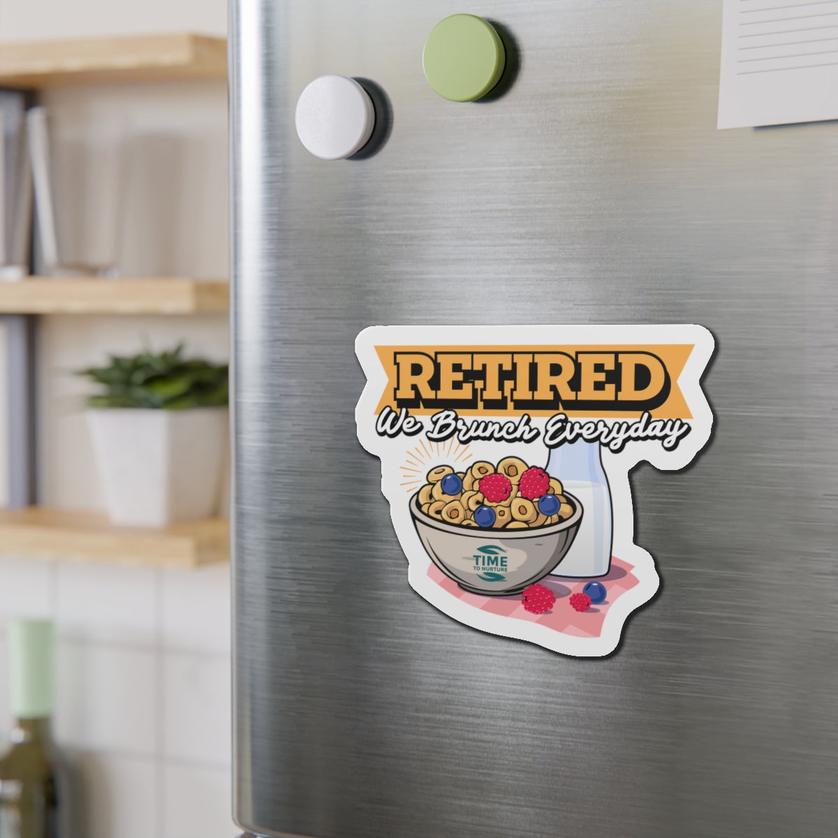 Die-cut magnet featuring a playful retirement theme with brunch-inspired design elements. Ideal for adding a quirky accent to kitchens or home offices, it makes a fun gift for retirees and brunch enthusiasts.