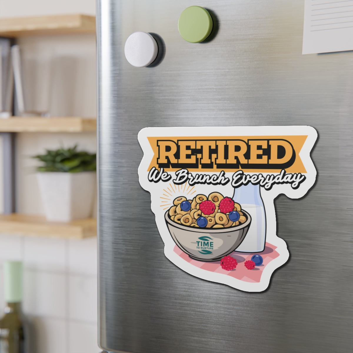 Die-cut magnet featuring a playful retirement theme with brunch-inspired design elements. Ideal for adding a quirky accent to kitchens or home offices, it makes a fun gift for retirees and brunch enthusiasts.