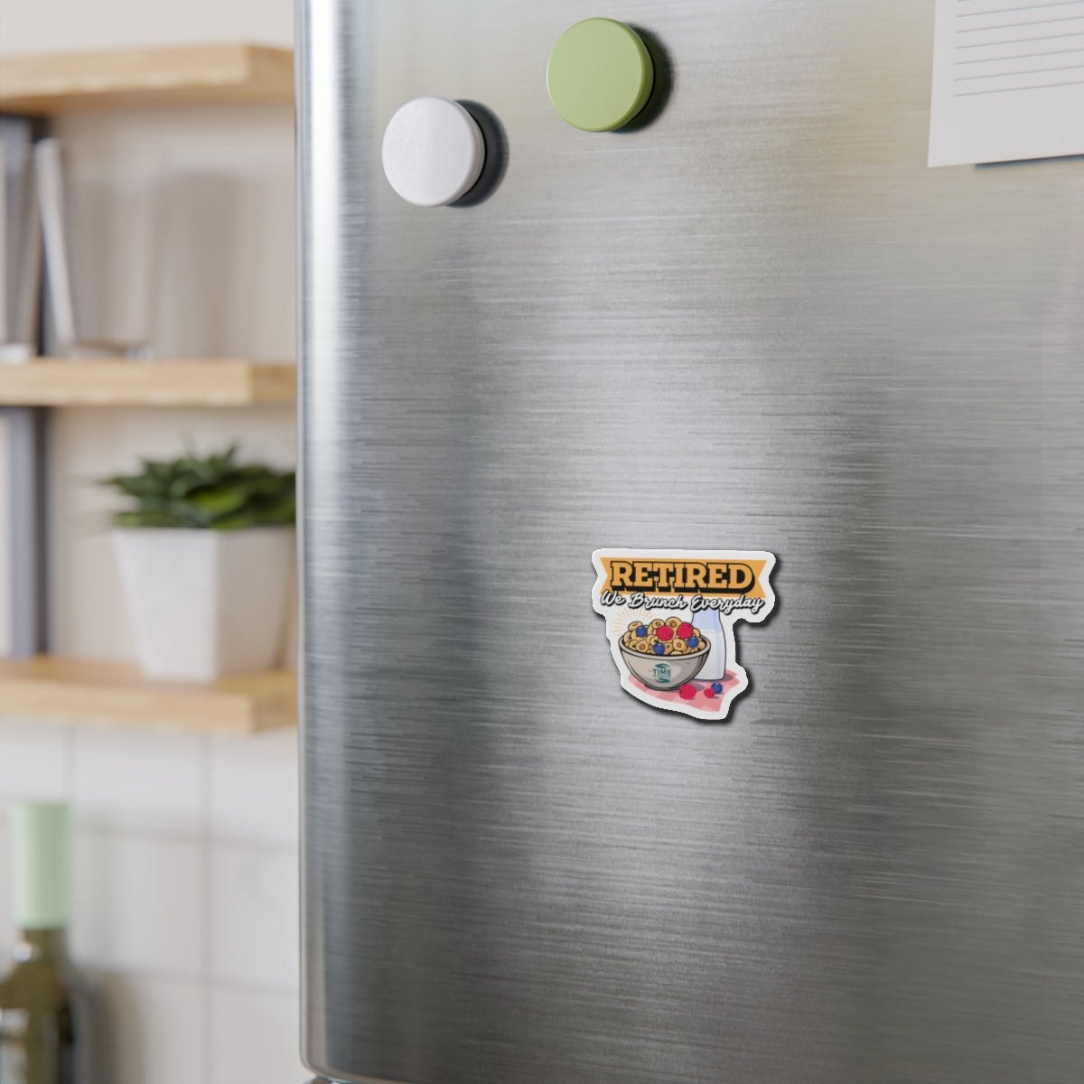 Die-cut magnet featuring a playful retirement theme with brunch-inspired design elements. Ideal for adding a quirky accent to kitchens or home offices, it makes a fun gift for retirees and brunch enthusiasts.