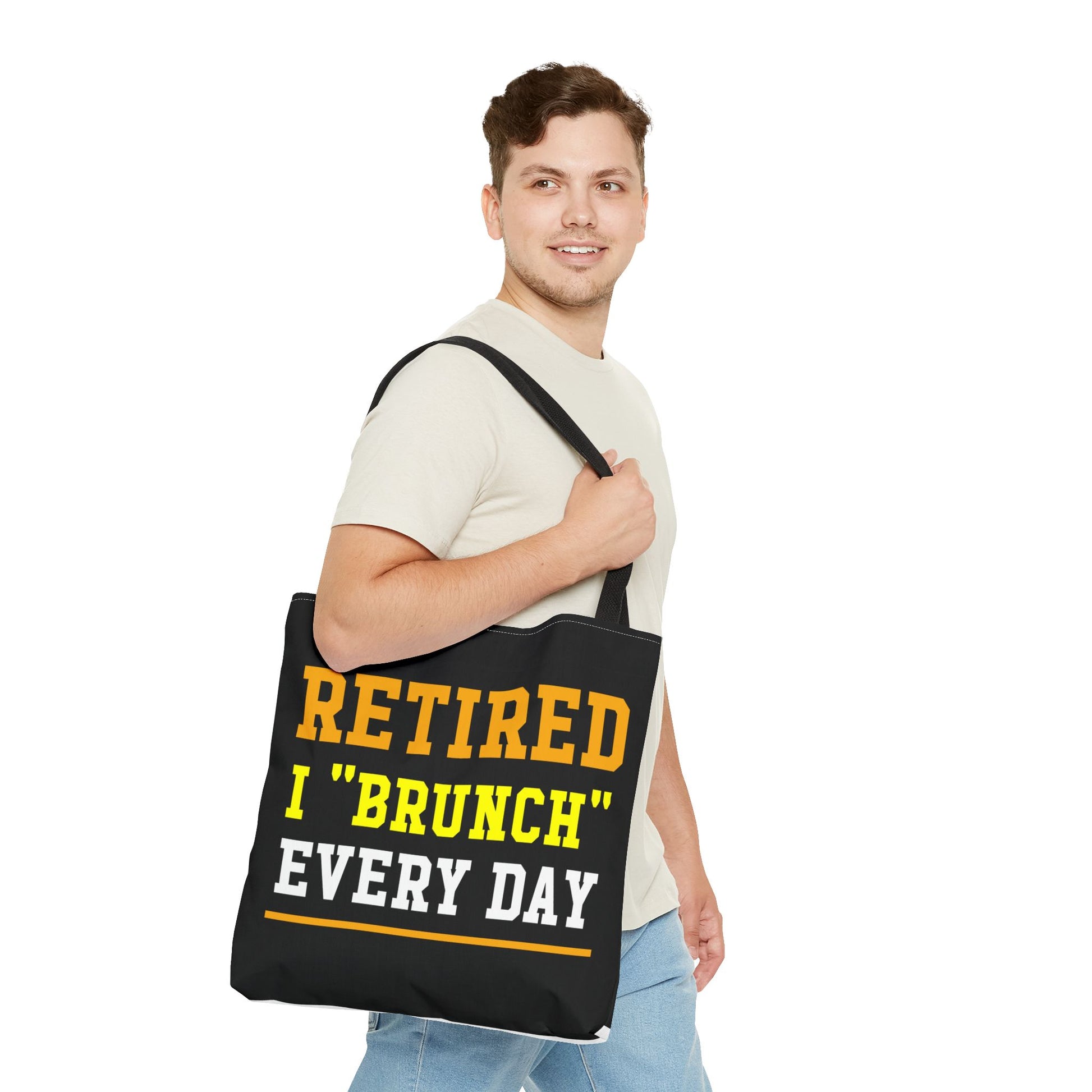 Fun Retired I Brunch Every Day tote bag with bold, stylish text, perfect for retirees, brunch lovers, and eco-friendly shopping.