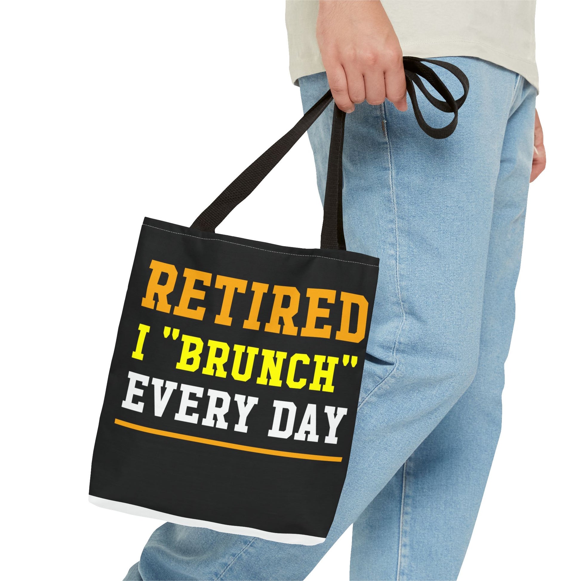 Fun Retired I Brunch Every Day tote bag with bold, stylish text, perfect for retirees, brunch lovers, and eco-friendly shopping.