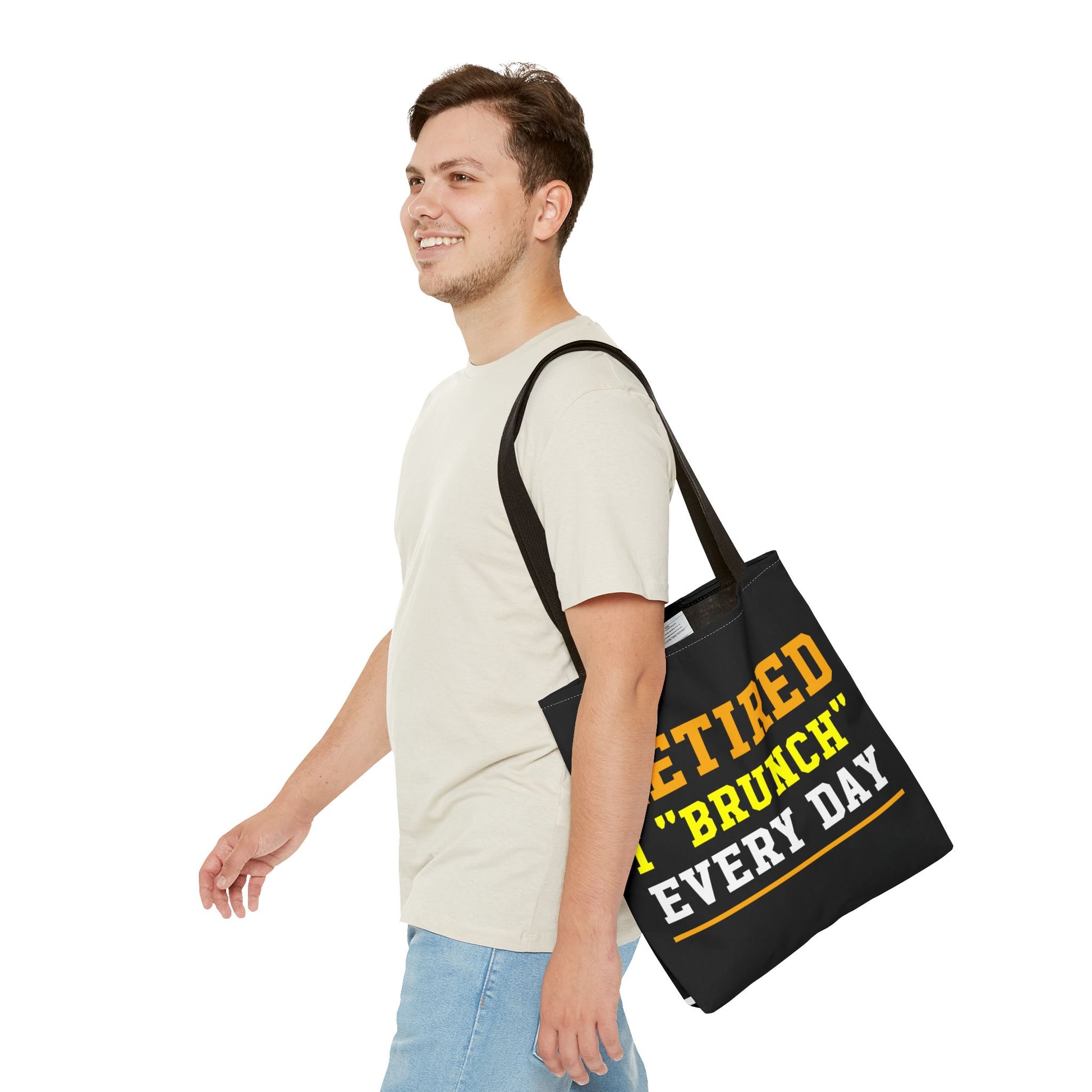 Fun Retired I Brunch Every Day tote bag with bold, stylish text, perfect for retirees, brunch lovers, and eco-friendly shopping.