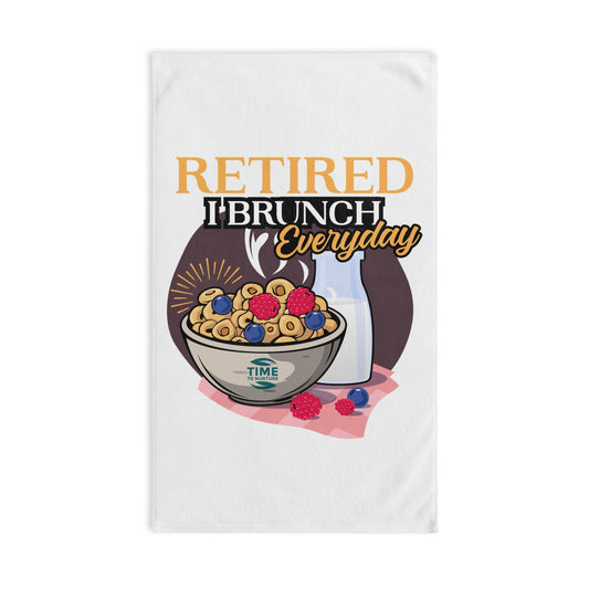 Funny Retired I Brunch Everyday hand towel with a quirky design, perfect for foodies and brunch lovers. A humorous addition to kitchen or bathroom decor and an ideal housewarming gift.