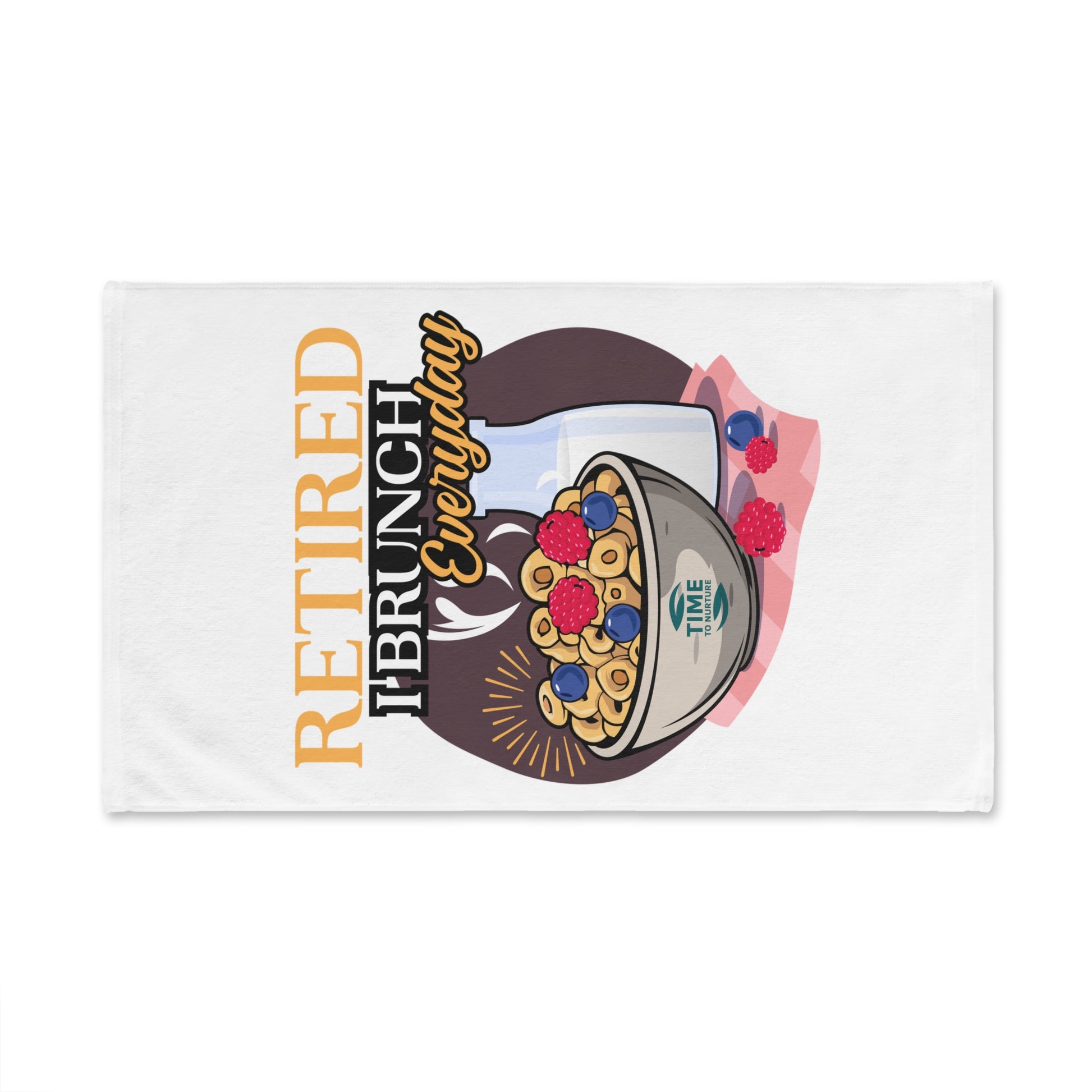 Funny Retired I Brunch Everyday hand towel with a quirky design, perfect for foodies and brunch lovers. A humorous addition to kitchen or bathroom decor and an ideal housewarming gift.