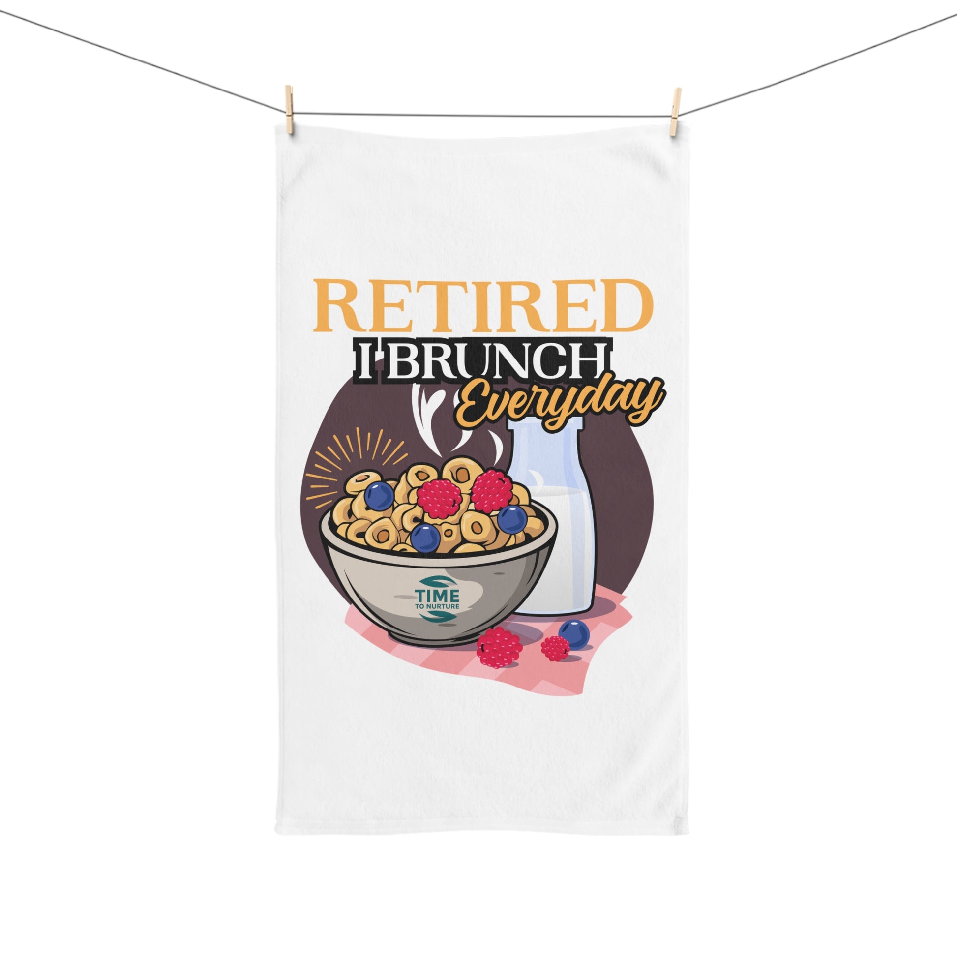Funny Retired I Brunch Everyday hand towel with a quirky design, perfect for foodies and brunch lovers. A humorous addition to kitchen or bathroom decor and an ideal housewarming gift.