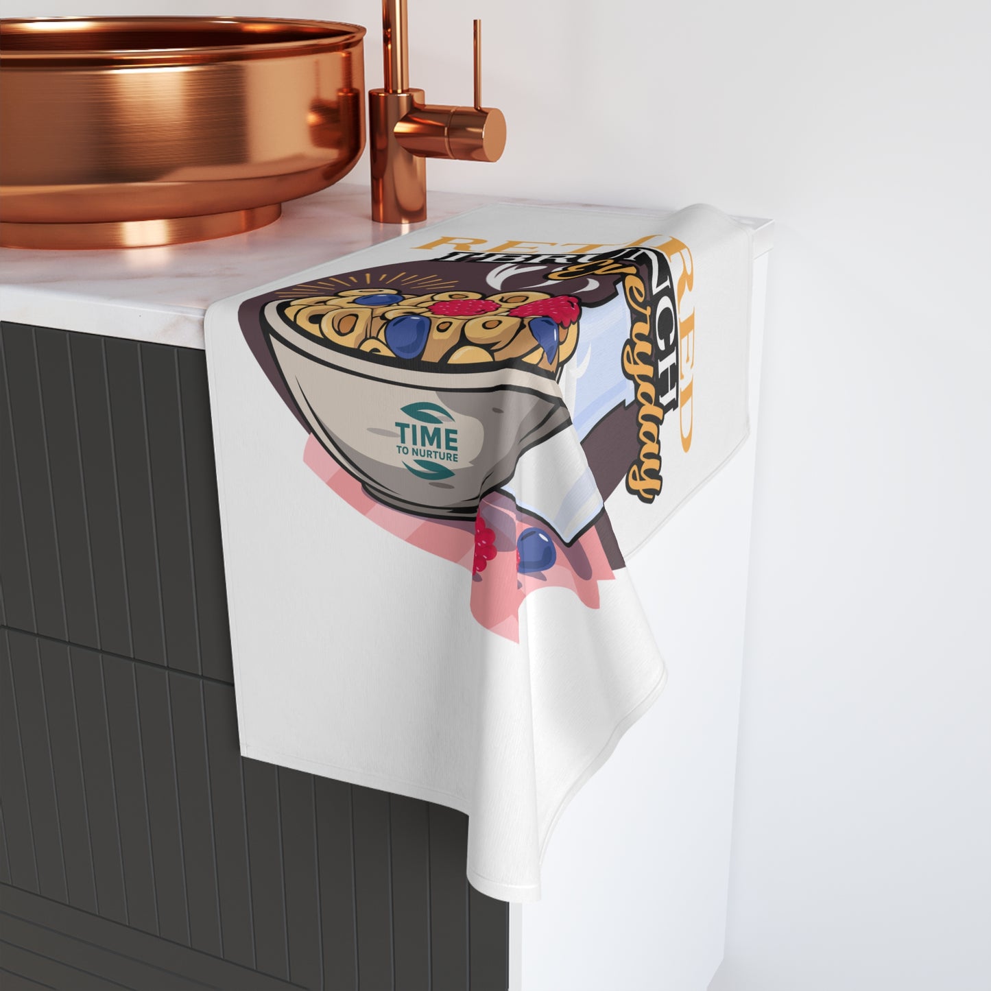 Funny Retired I Brunch Everyday hand towel with a quirky design, perfect for foodies and brunch lovers. A humorous addition to kitchen or bathroom decor and an ideal housewarming gift.