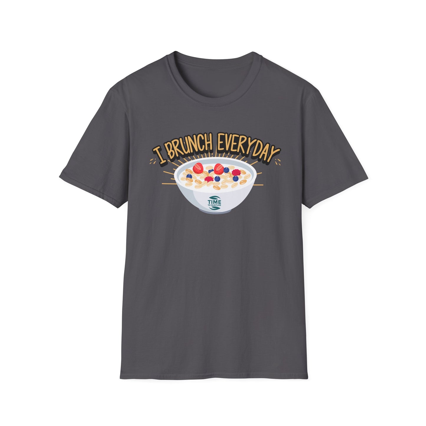 "I Brunch Every Day" unisex softstyle t-shirt, ethically made with superior comfort and durability, offering timeless style for everyday wear or as a fun digital brunch retirement gag gift.
