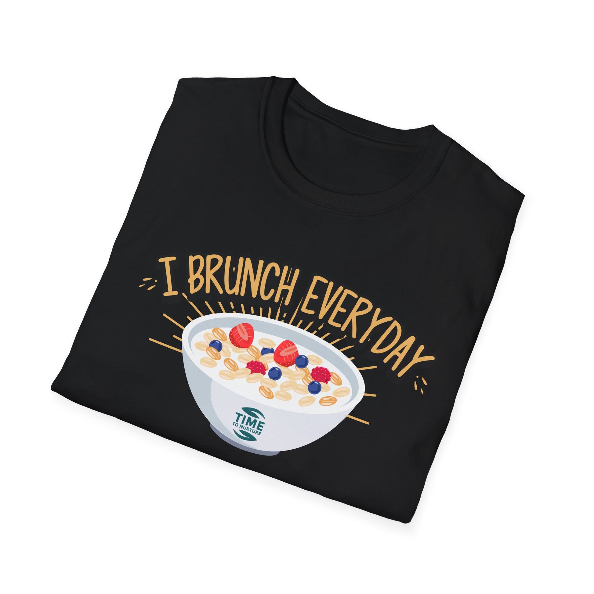 "I Brunch Every Day" unisex softstyle t-shirt, ethically made with superior comfort and durability, offering timeless style for everyday wear or as a fun digital brunch retirement gag gift.