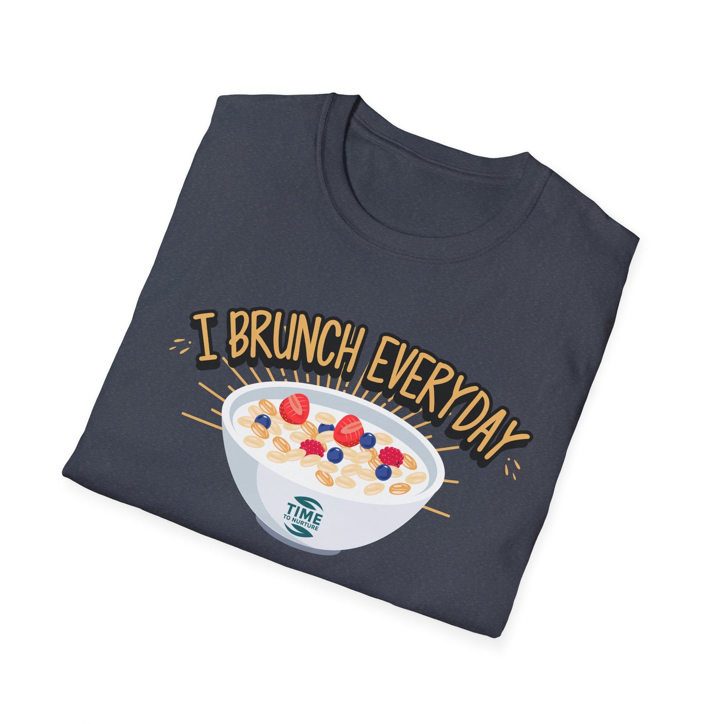 "I Brunch Every Day" unisex softstyle t-shirt, ethically made with superior comfort and durability, offering timeless style for everyday wear or as a fun digital brunch retirement gag gift.