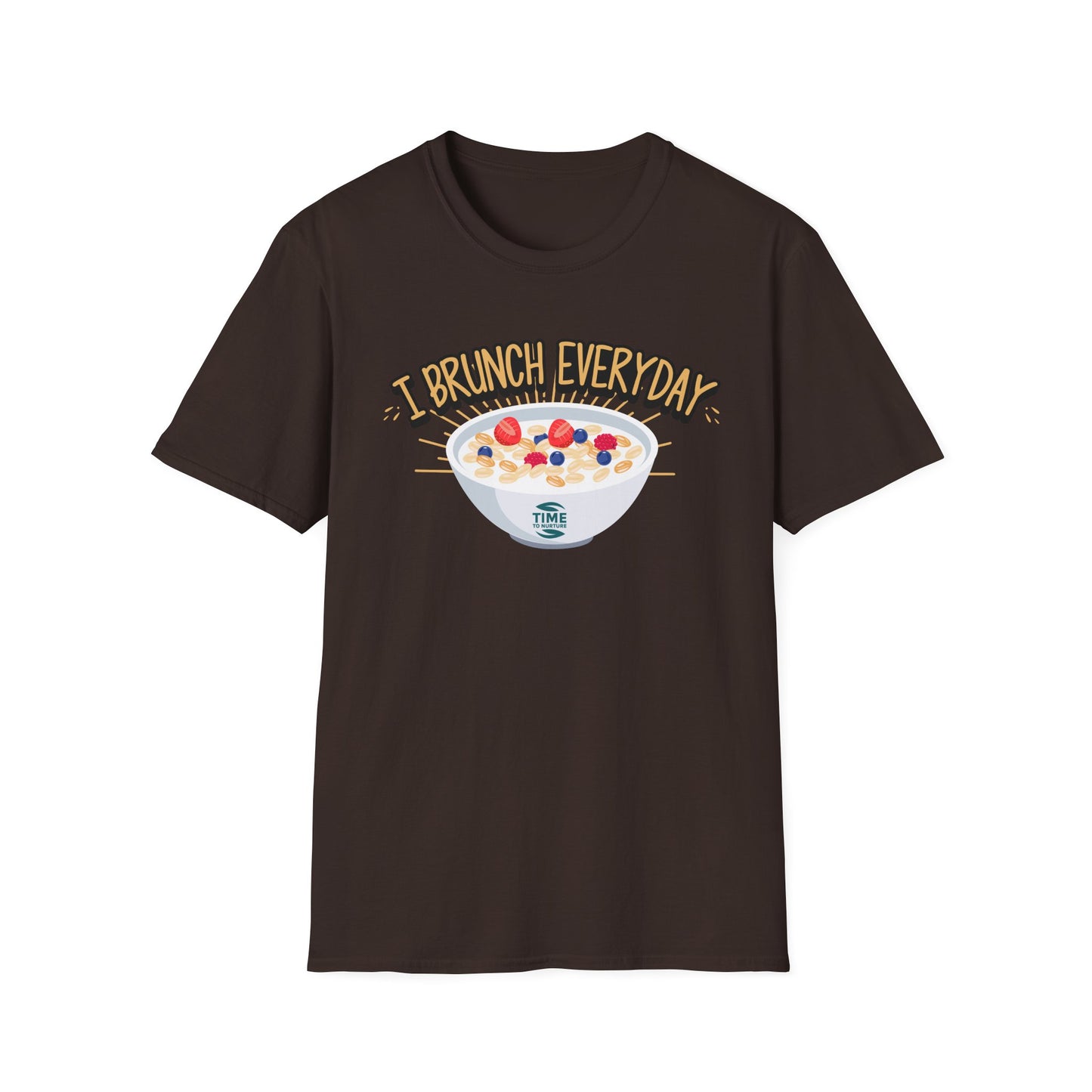 "I Brunch Every Day" unisex softstyle t-shirt, ethically made with superior comfort and durability, offering timeless style for everyday wear or as a fun digital brunch retirement gag gift.