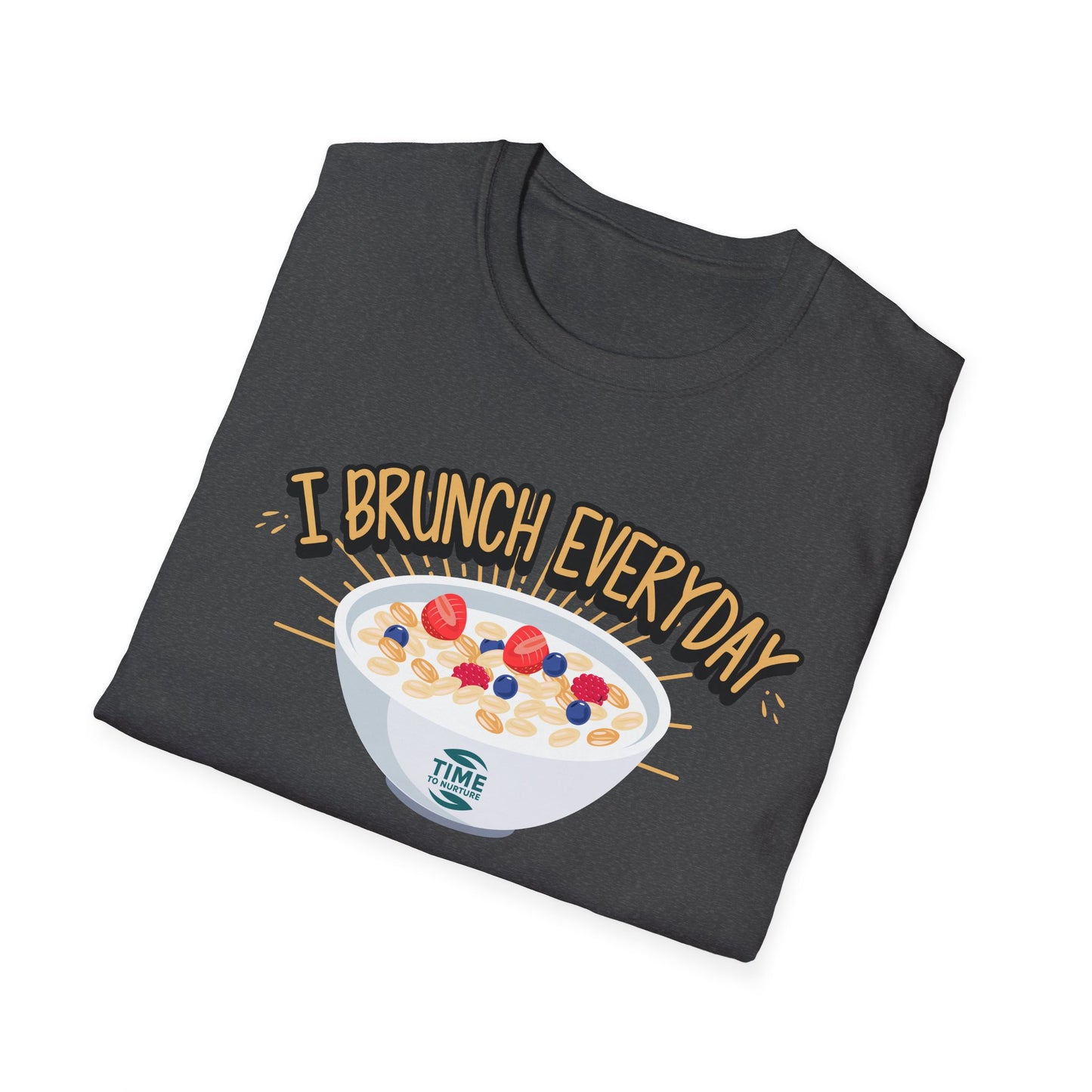 "I Brunch Every Day" unisex softstyle t-shirt, ethically made with superior comfort and durability, offering timeless style for everyday wear or as a fun digital brunch retirement gag gift.