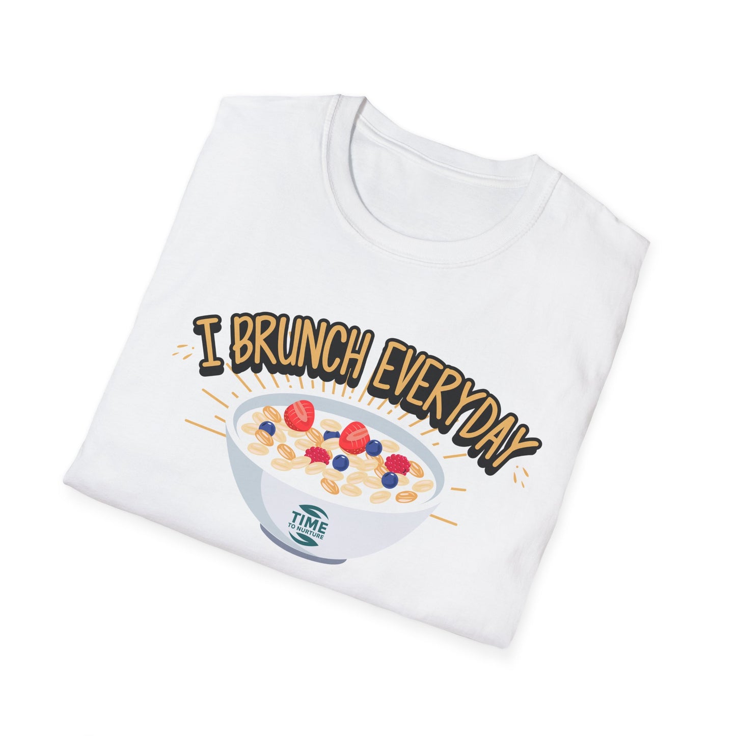 "I Brunch Every Day" unisex softstyle t-shirt, ethically made with superior comfort and durability, offering timeless style for everyday wear or as a fun digital brunch retirement gag gift.