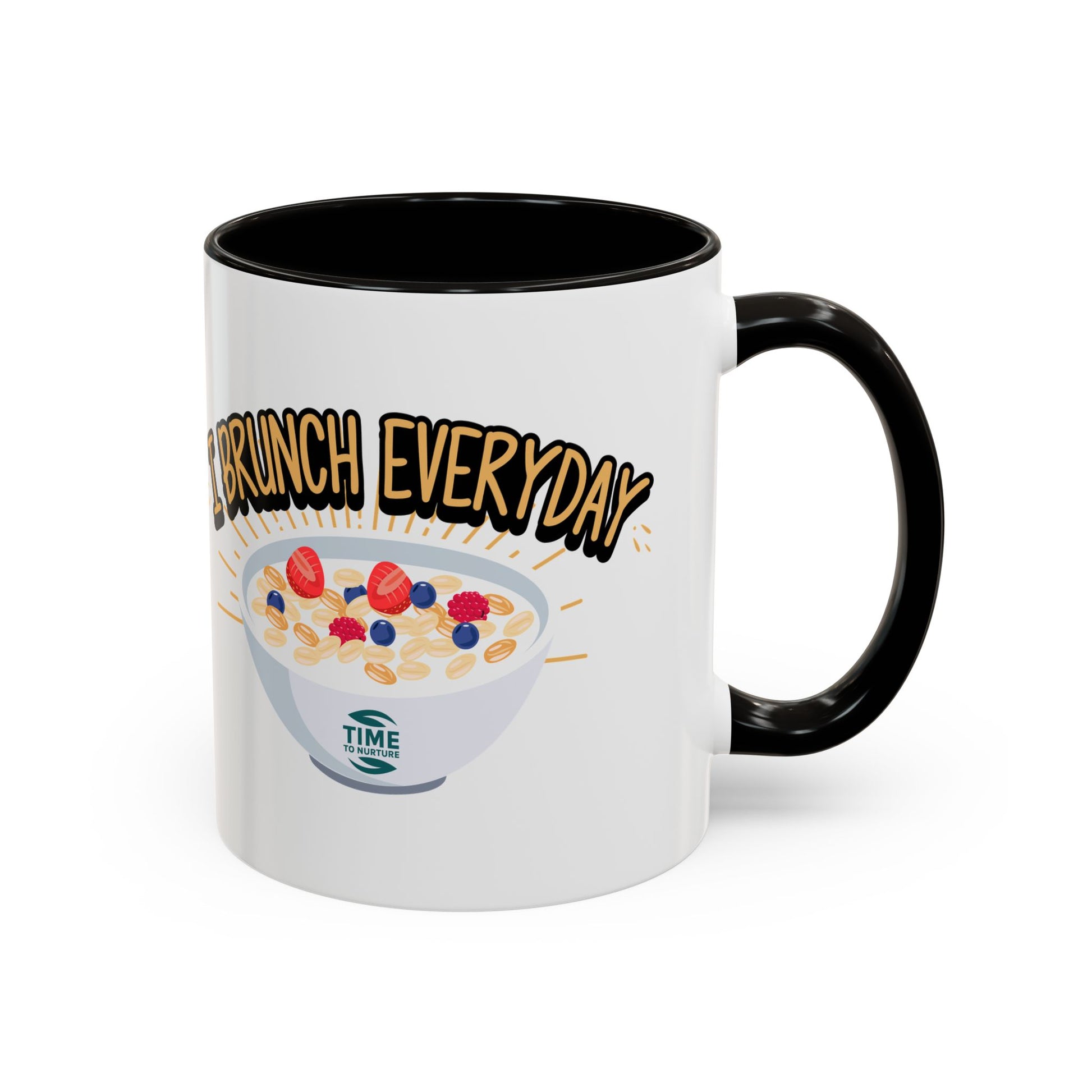 I Brunch Everyday ceramic mugs in vibrant colors, available in 11oz and 15oz sizes, designed for coffee, tea, juice, or brunch lovers, making a great gift for brunch enthusiasts, weekend getaways, or casual kitchen decor.