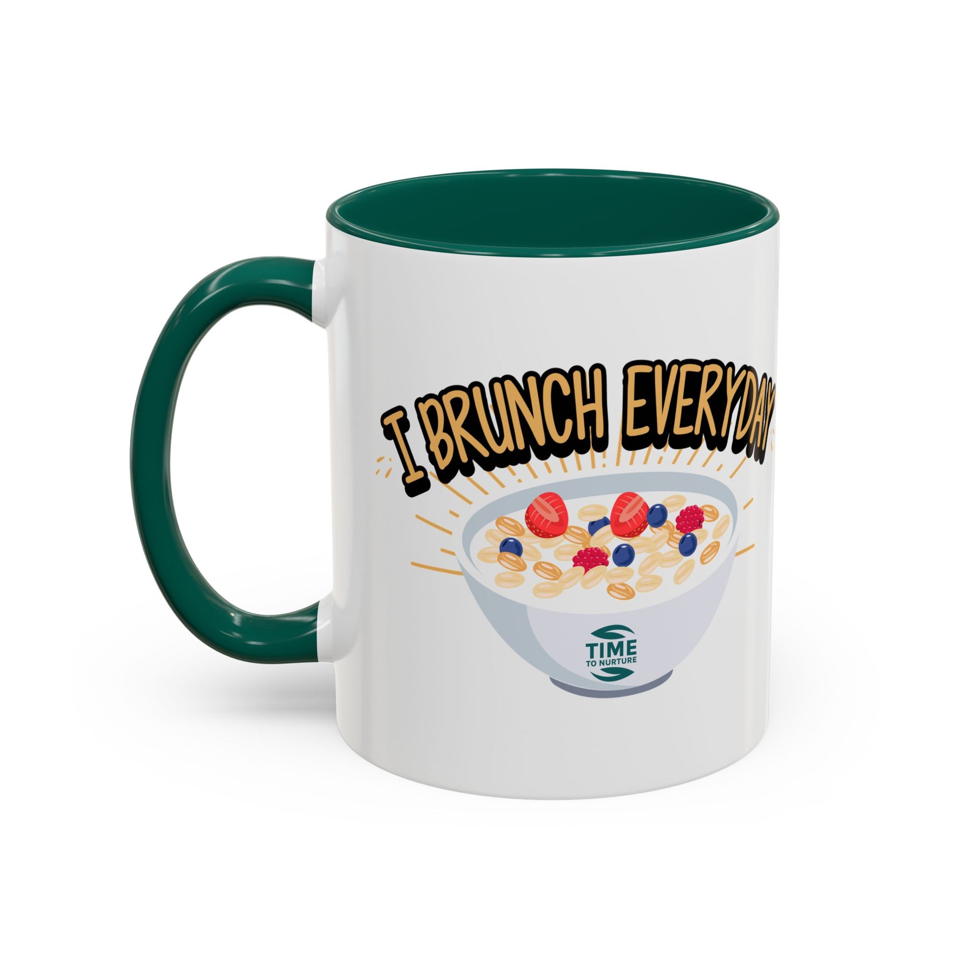 I Brunch Everyday ceramic mugs in vibrant colors, available in 11oz and 15oz sizes, designed for coffee, tea, juice, or brunch lovers, making a great gift for brunch enthusiasts, weekend getaways, or casual kitchen decor.