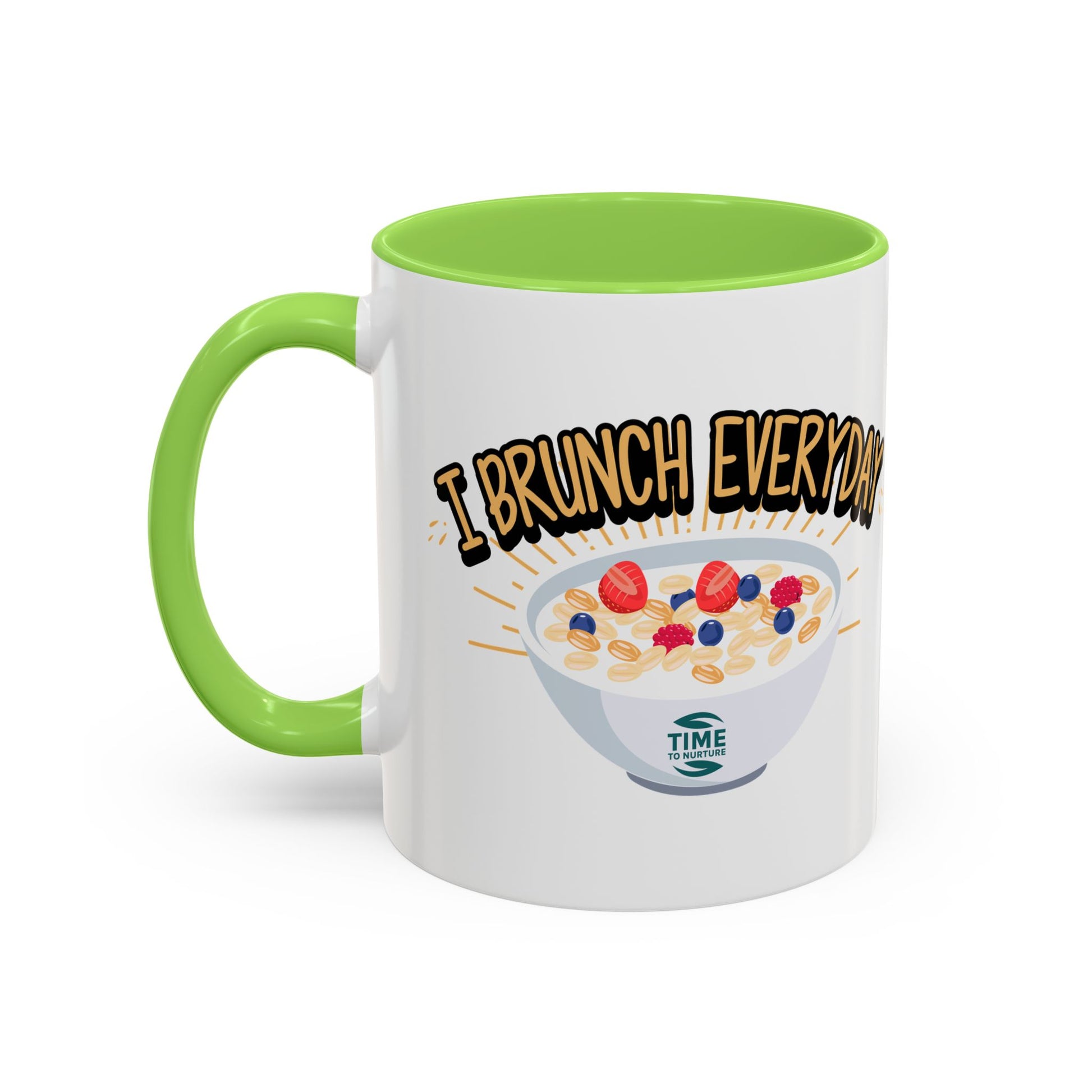 I Brunch Everyday ceramic mugs in vibrant colors, available in 11oz and 15oz sizes, designed for coffee, tea, juice, or brunch lovers, making a great gift for brunch enthusiasts, weekend getaways, or casual kitchen decor.