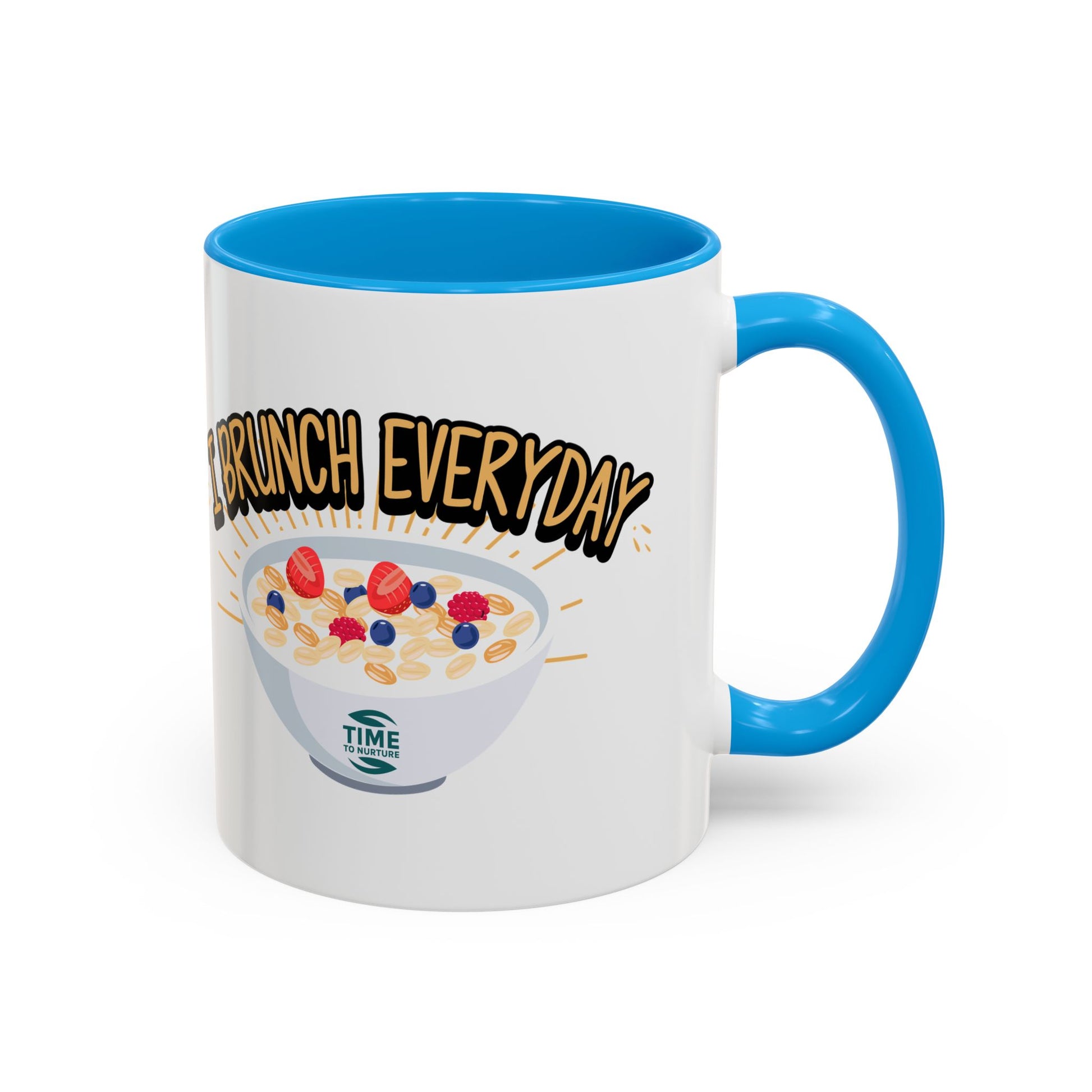 I Brunch Everyday ceramic mugs in vibrant colors, available in 11oz and 15oz sizes, designed for coffee, tea, juice, or brunch lovers, making a great gift for brunch enthusiasts, weekend getaways, or casual kitchen decor.