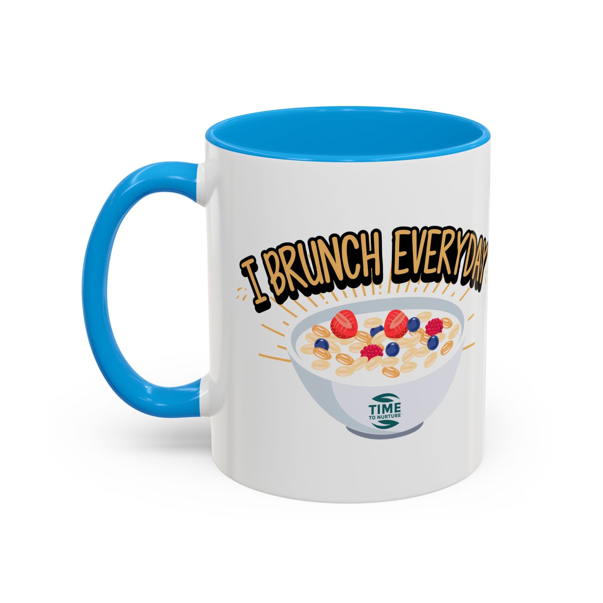 I Brunch Everyday ceramic mugs in vibrant colors, available in 11oz and 15oz sizes, designed for coffee, tea, juice, or brunch lovers, making a great gift for brunch enthusiasts, weekend getaways, or casual kitchen decor.