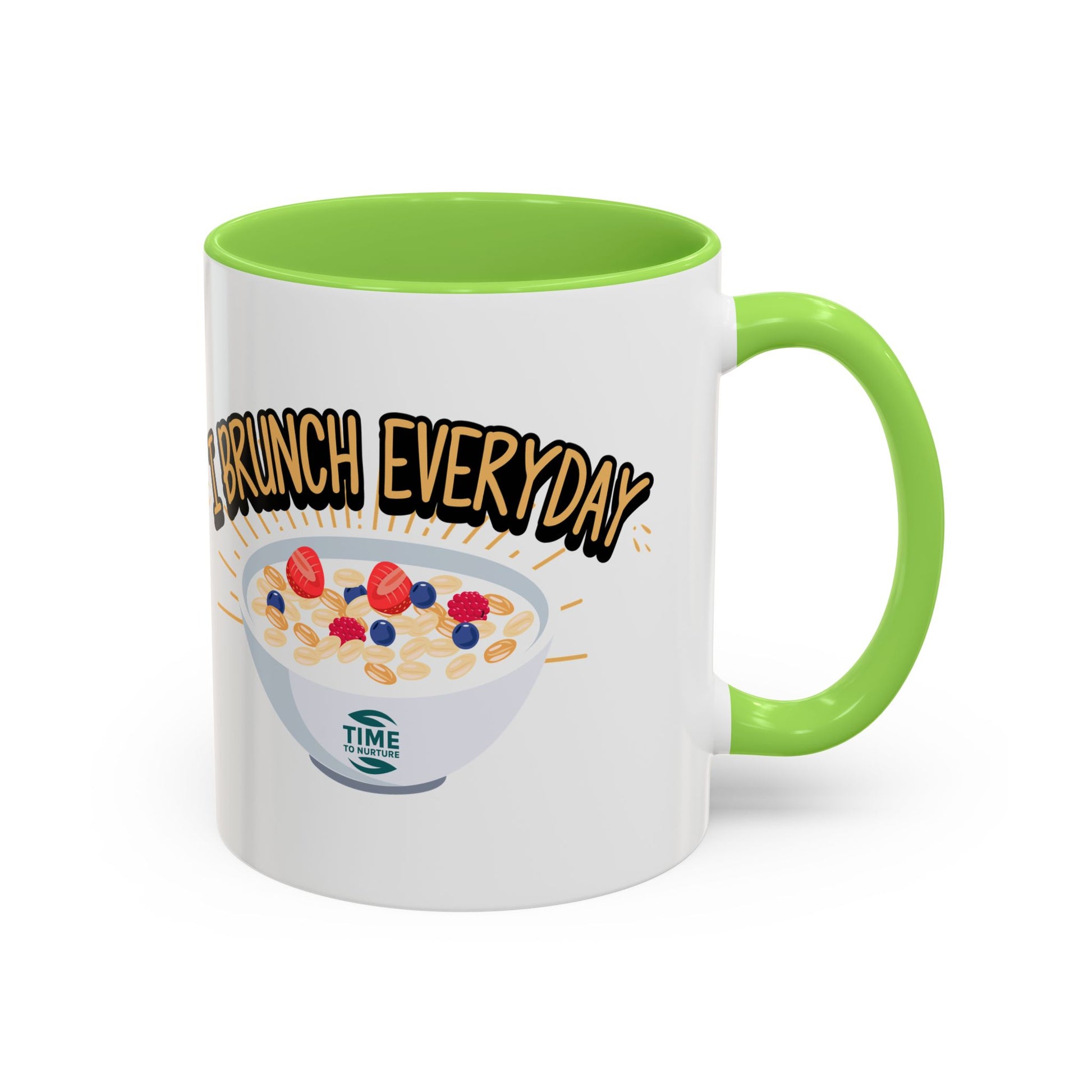 I Brunch Everyday ceramic mugs in vibrant colors, available in 11oz and 15oz sizes, designed for coffee, tea, juice, or brunch lovers, making a great gift for brunch enthusiasts, weekend getaways, or casual kitchen decor.