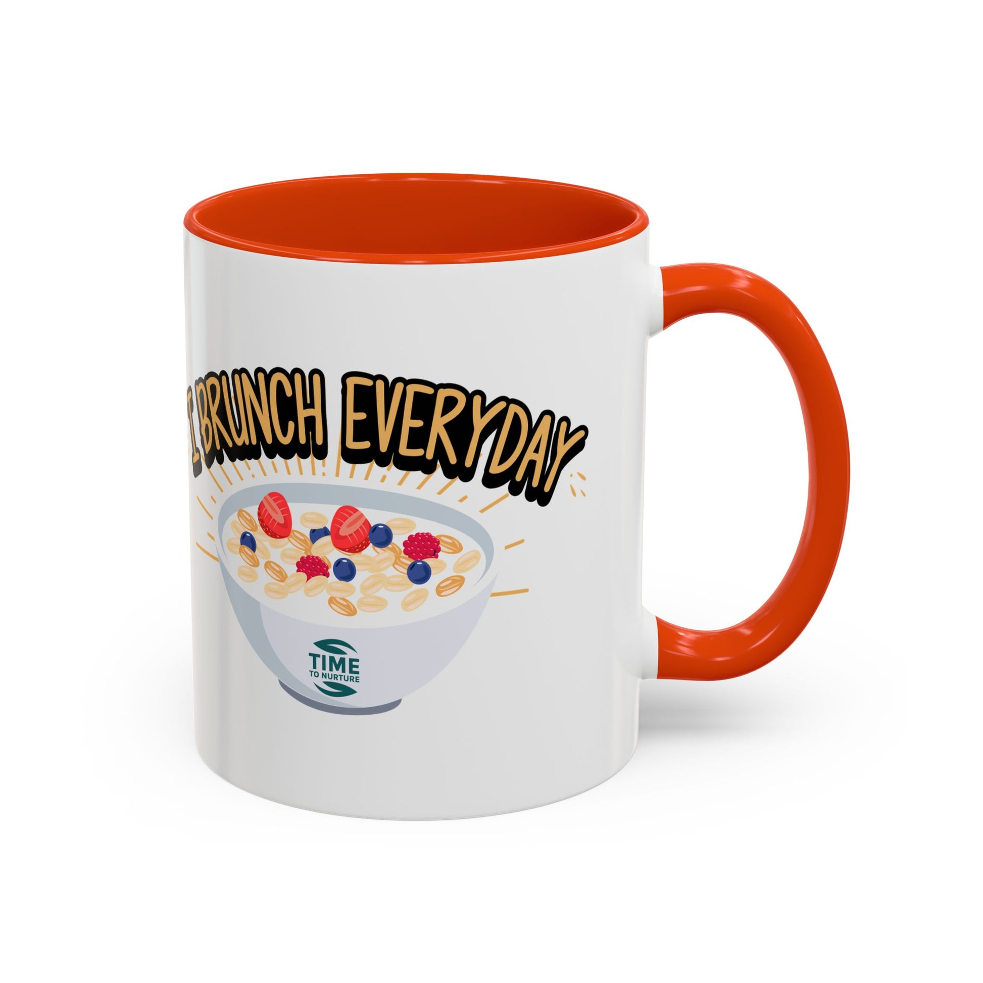 I Brunch Everyday ceramic mugs in vibrant colors, available in 11oz and 15oz sizes, designed for coffee, tea, juice, or brunch lovers, making a great gift for brunch enthusiasts, weekend getaways, or casual kitchen decor.