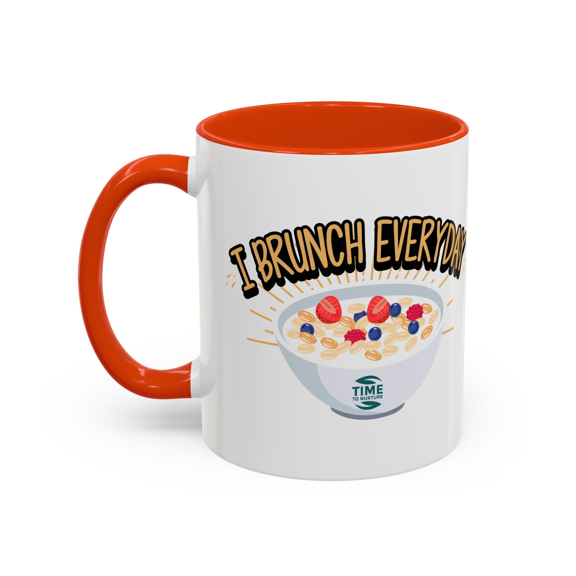 I Brunch Everyday ceramic mugs in vibrant colors, available in 11oz and 15oz sizes, designed for coffee, tea, juice, or brunch lovers, making a great gift for brunch enthusiasts, weekend getaways, or casual kitchen decor.