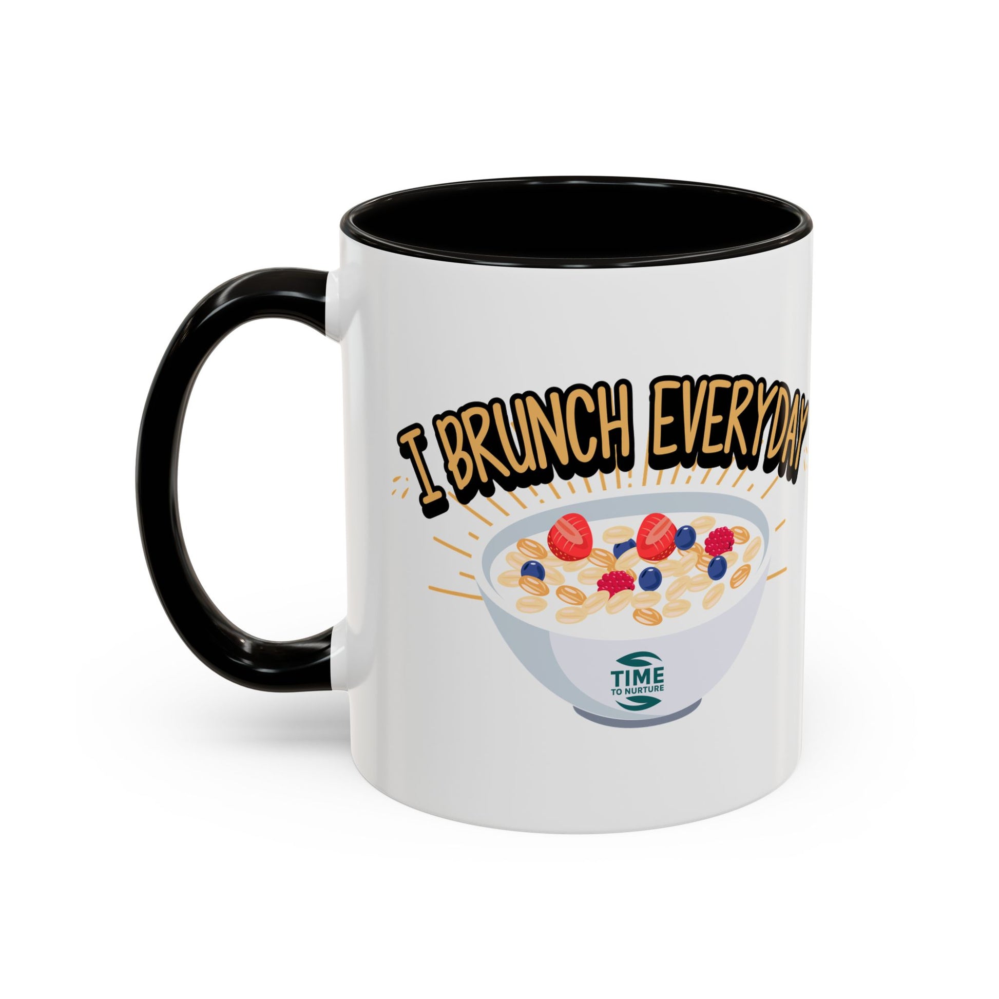 I Brunch Everyday ceramic mugs in vibrant colors, available in 11oz and 15oz sizes, designed for coffee, tea, juice, or brunch lovers, making a great gift for brunch enthusiasts, weekend getaways, or casual kitchen decor.