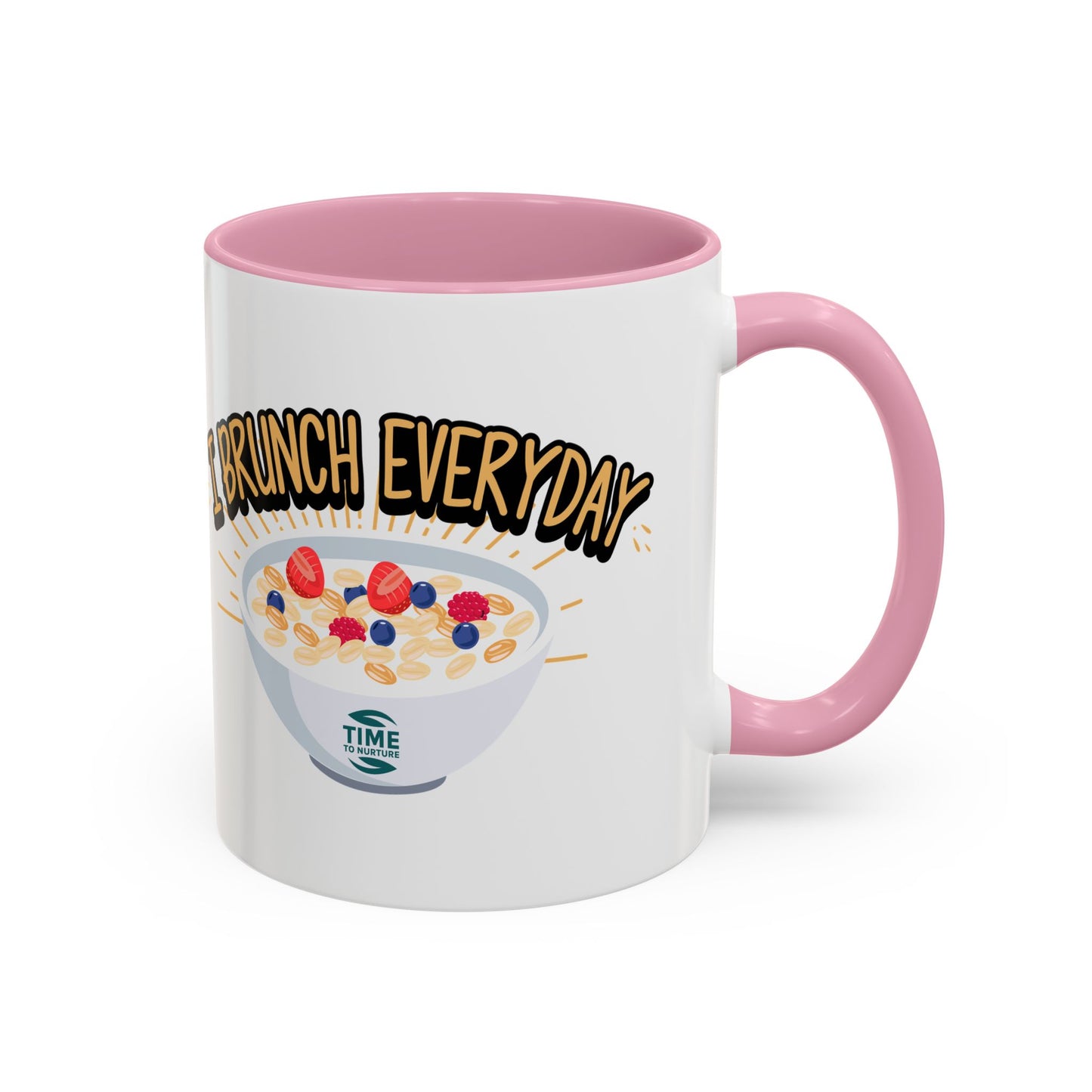 I Brunch Everyday ceramic mugs in vibrant colors, available in 11oz and 15oz sizes, designed for coffee, tea, juice, or brunch lovers, making a great gift for brunch enthusiasts, weekend getaways, or casual kitchen decor.