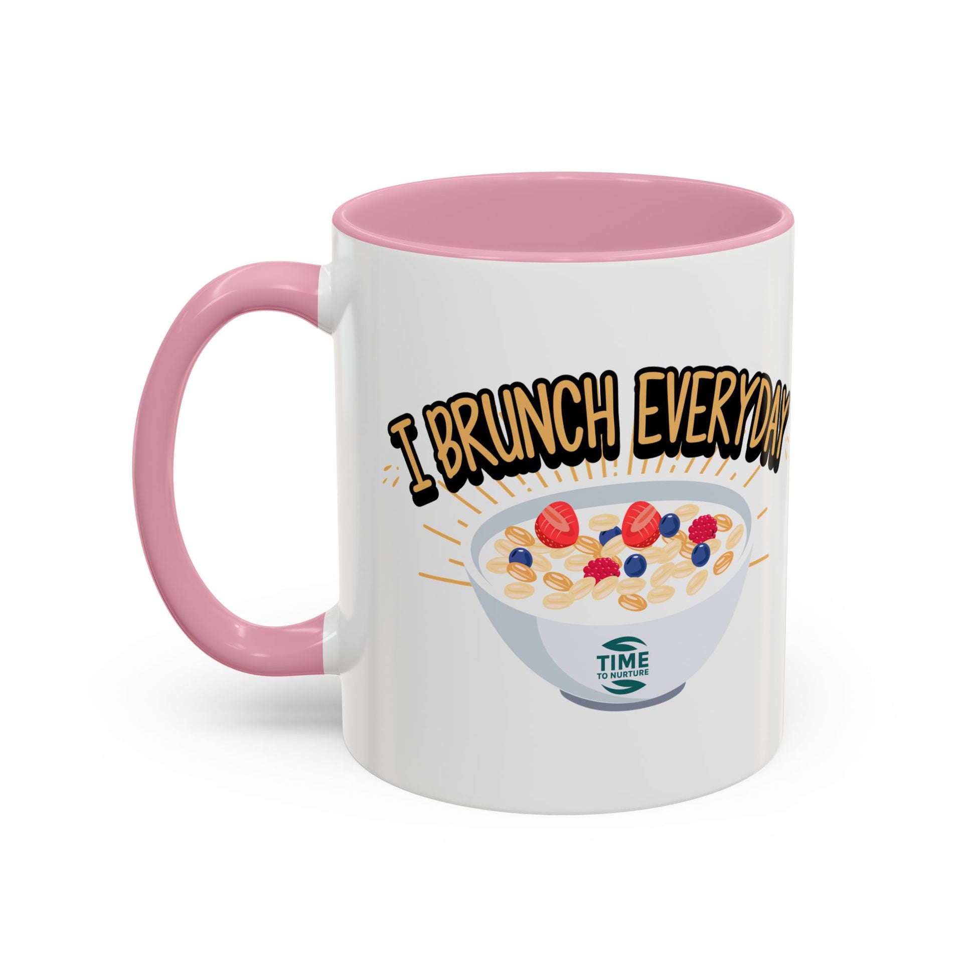 I Brunch Everyday ceramic mugs in vibrant colors, available in 11oz and 15oz sizes, designed for coffee, tea, juice, or brunch lovers, making a great gift for brunch enthusiasts, weekend getaways, or casual kitchen decor.