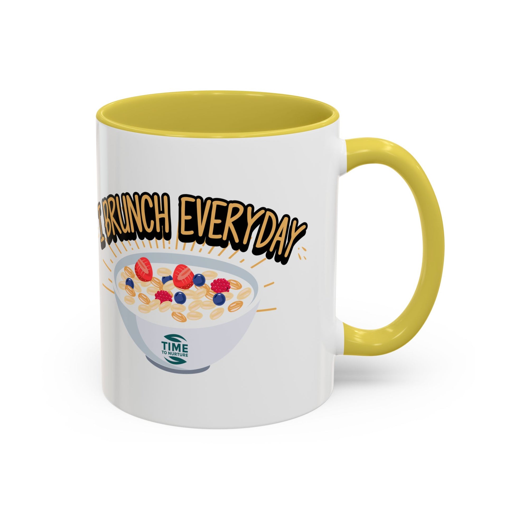 I Brunch Everyday ceramic mugs in vibrant colors, available in 11oz and 15oz sizes, designed for coffee, tea, juice, or brunch lovers, making a great gift for brunch enthusiasts, weekend getaways, or casual kitchen decor.
