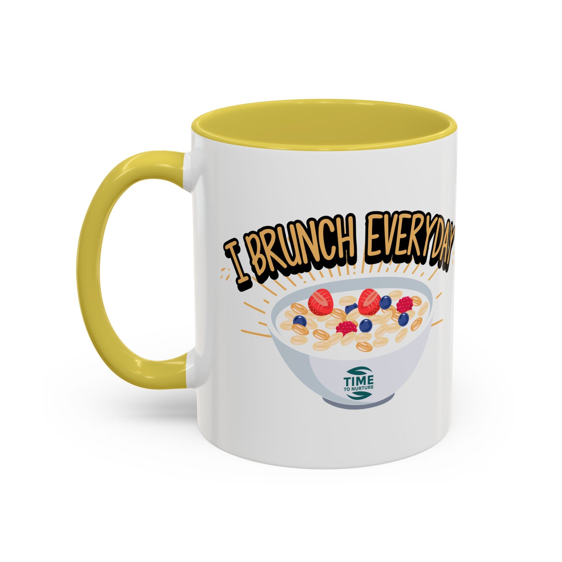 I Brunch Everyday ceramic mugs in vibrant colors, available in 11oz and 15oz sizes, designed for coffee, tea, juice, or brunch lovers, making a great gift for brunch enthusiasts, weekend getaways, or casual kitchen decor.