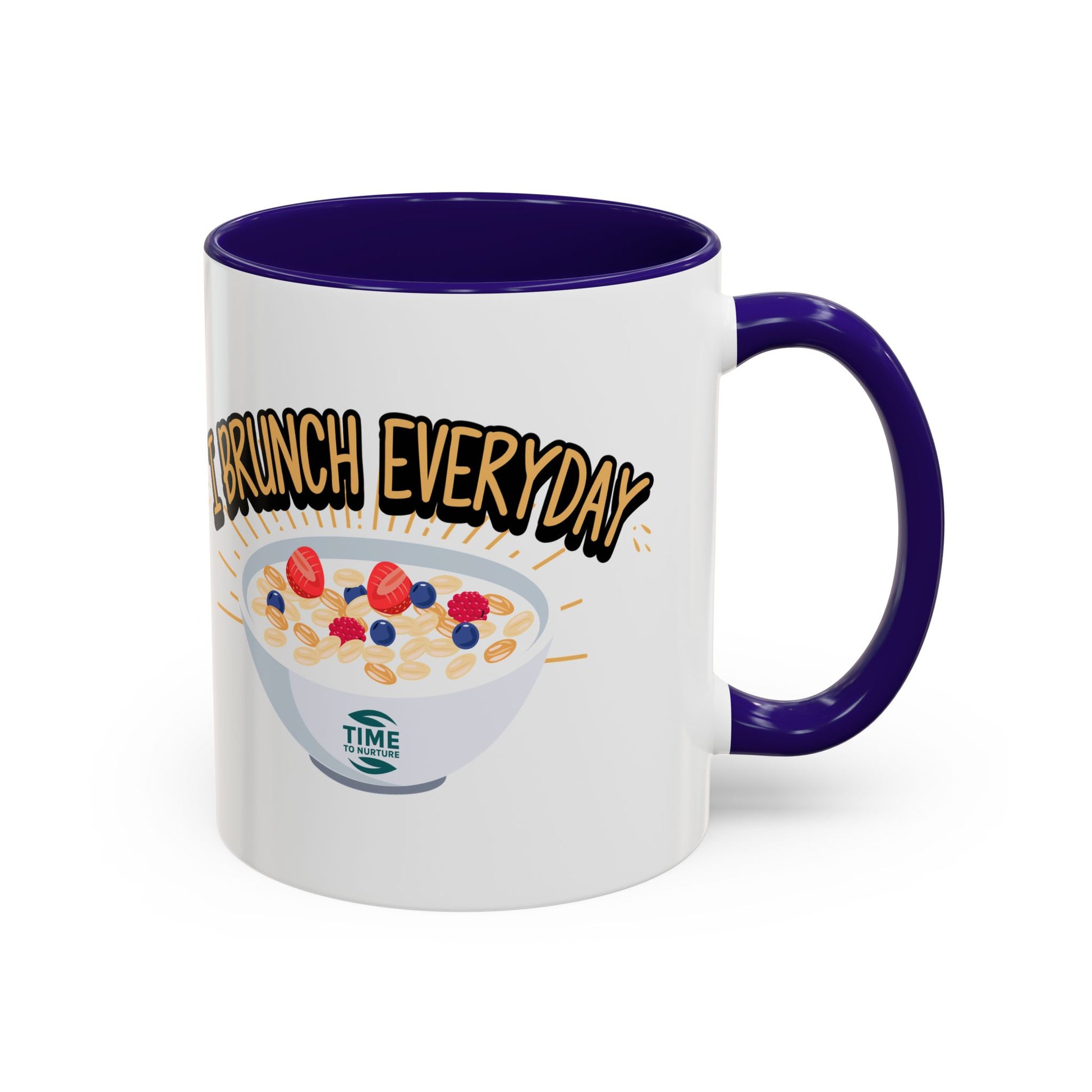 I Brunch Everyday ceramic mugs in vibrant colors, available in 11oz and 15oz sizes, designed for coffee, tea, juice, or brunch lovers, making a great gift for brunch enthusiasts, weekend getaways, or casual kitchen decor.